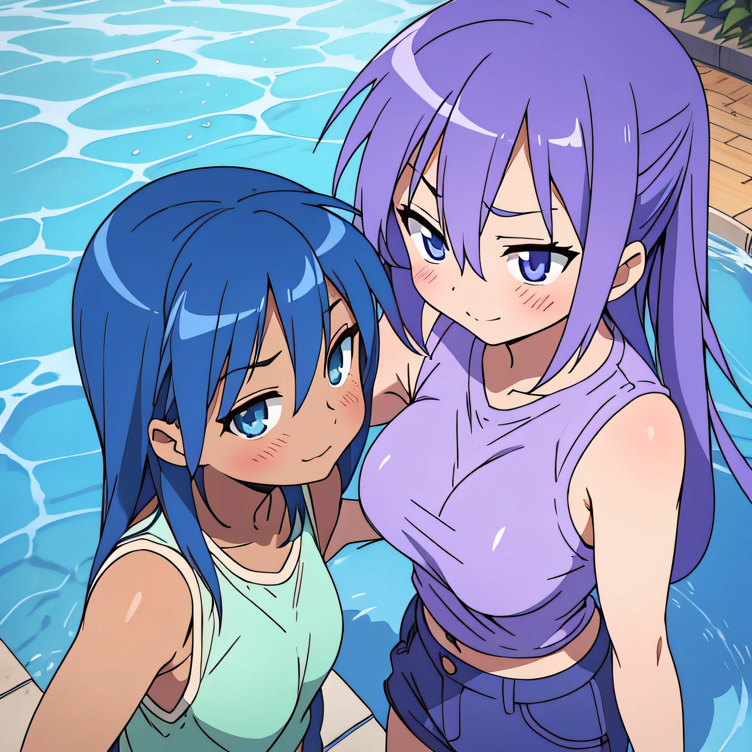 (Kiss on the chest)、Kagami Hiiragi、Konata Izumi、swimsuiti、Two women having fun by the pool、lewd:1,2、Metamorphosis:1,2、NSFW:1,2、Lesbian Mika:1,2、Touching each other's breasts、Kissed、blushes、Wet sleeveless T-shirt、shortpants、anatomically correcte