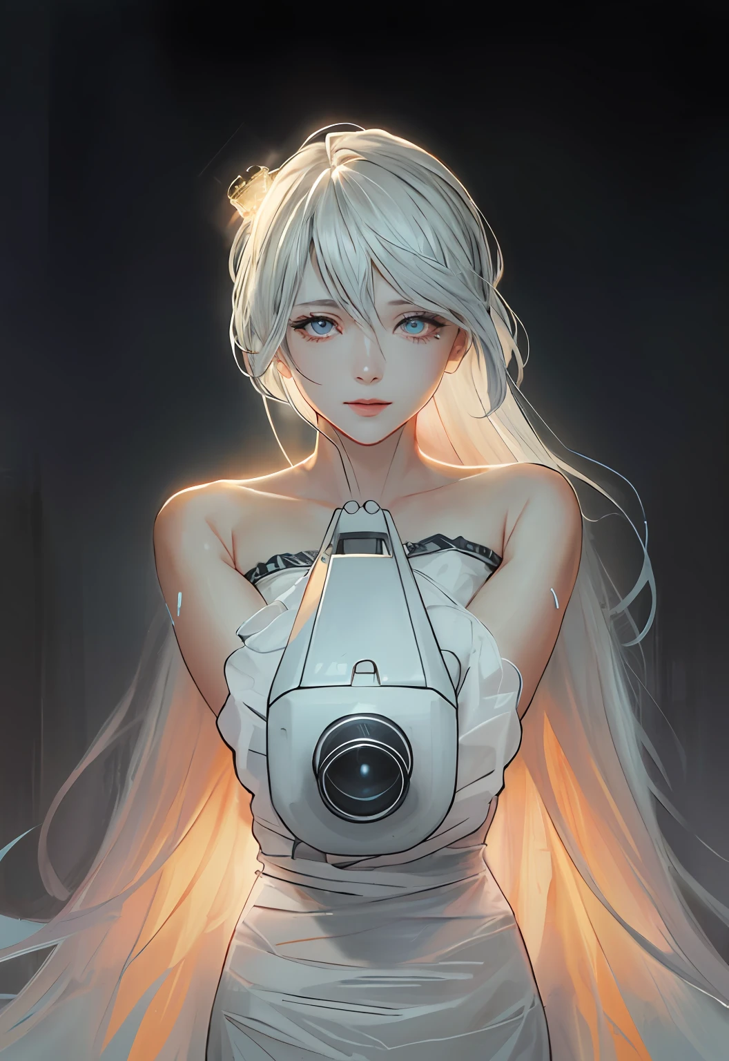 A woman wearing a wedding dress,Gun in hand to the camera,The background is the city street, Thick painting style,Ghost Blade style,cyberpunk neon lights, Technology roamers, Video game characters, synthwave image, cyberpunked, Concept art Neon glows, lune, lanterns, 夜晚, 独奏, plein-air, skies, moon full, rainting, yama, Clouds, paper lanterns, nigh sky, fringe, The tree, glint, cloudy skies, {{(masterpaintings),(Very detailed CG unity 8k wallpaper),optimal quality,独奏,cinamtic lighting,detailed back ground,beautiful details eyes,Bright pupils,(Extremely refined and beautiful),(Beautiful and detailed eye description),superdetailed,masterpaintings,}},Detailed eyes,Finely Beautiful Eyes,realisticeyes,Finely Beautiful Eyes,perfect drawn eyes