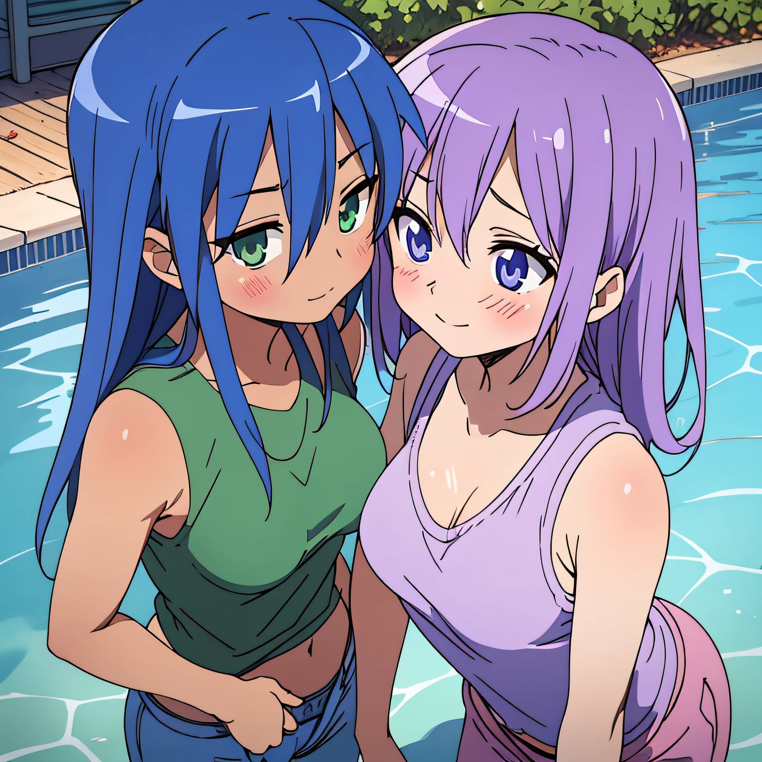 (Kiss on the chest)、Kagami Hiiragi、Konata Izumi、swimsuiti、Two women having fun by the pool、lewd:1,2、Metamorphosis:1,2、NSFW:1,2、Lesbian Mika:1,2、Touching each other's breasts、Kissed、blushes、Wet sleeveless T-shirt、shortpants、anatomically correcte