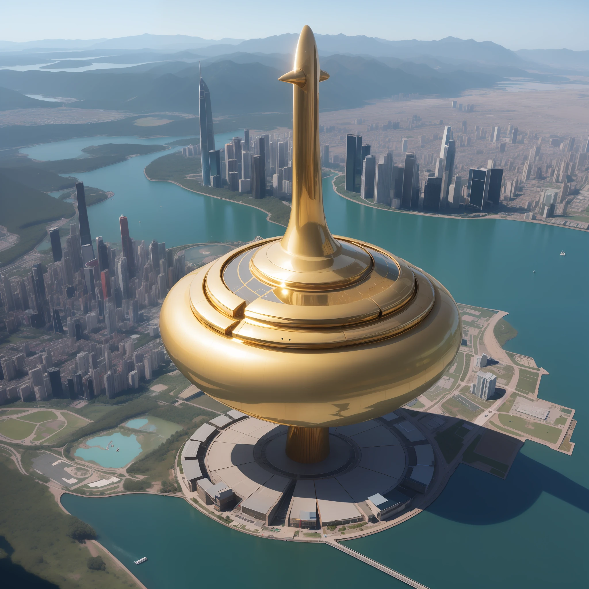 Above the ground is a huge lake，Above the surface of the lake is suspended the cybermegacity，In the middle of the lake there is a giant statue of gold。A large spaceship is docked in the air，A giant alien robot emerges from the lake