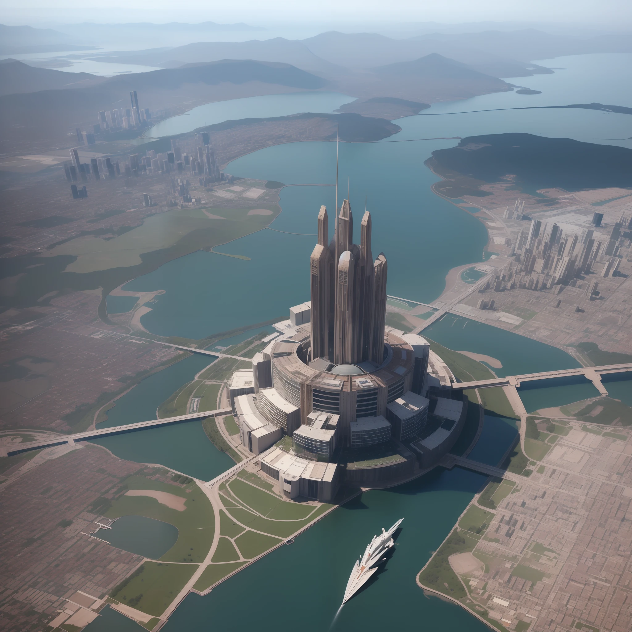 Above the ground is a huge lake，Above the surface of the lake is suspended the cybermegacity，In the middle of the lake there is a giant statue of gold。A large spaceship is docked in the air，A giant alien robot emerges from the lake