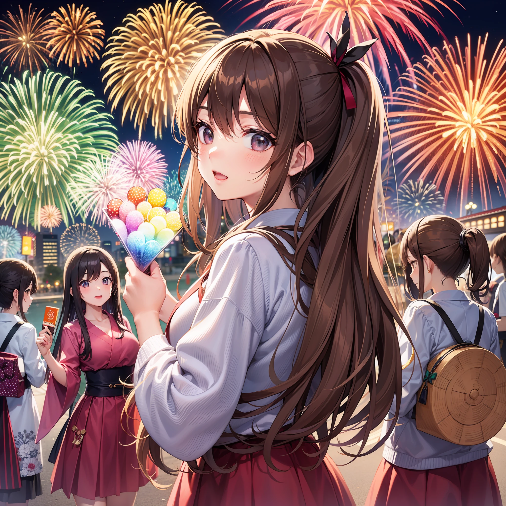 Teen girls Komono Fireworks Festival Brown hair Looking down high picture quality 最好质量 ren
