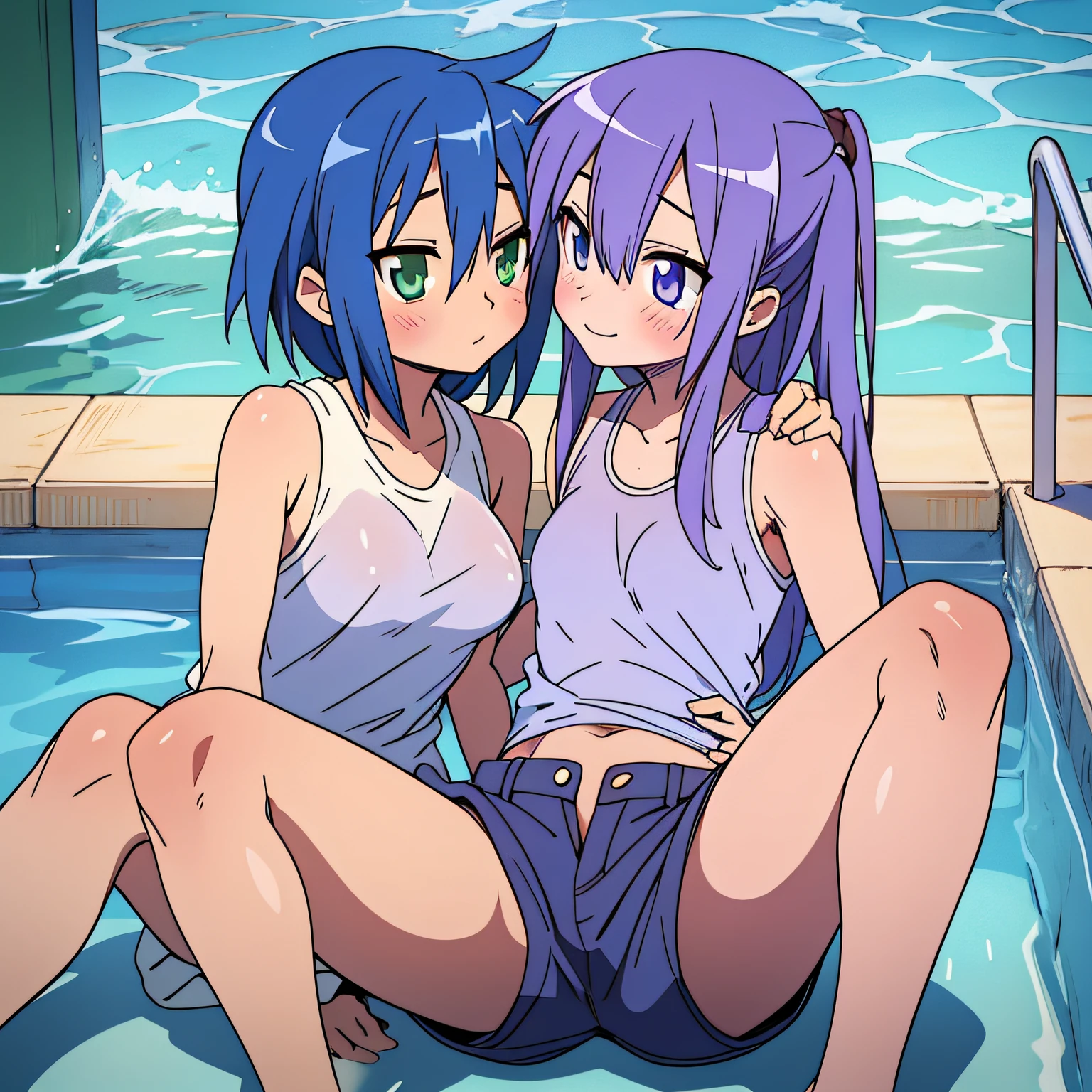 (Kiss the crotch)、Put your face between your crotches、Kagami Hiiragi、Konata Izumi、swimsuiti、Two women having fun by the pool、lewd:1,2、Metamorphosis:1,2、NSFW:1,2、Lesbian Mika:1,2、blushes、Wet sleeveless T-shirt、shortpants、anatomically correcte