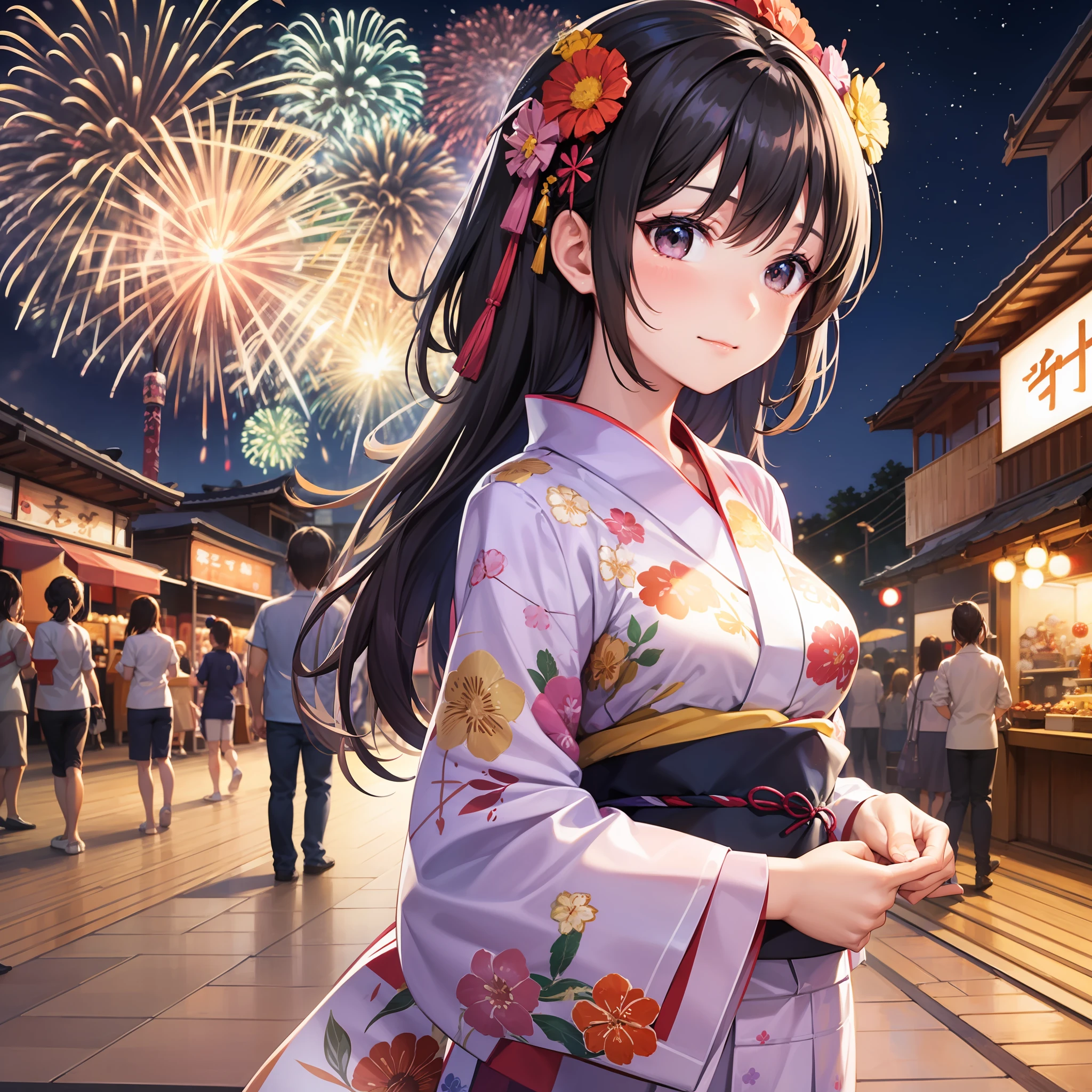 girls Komono Fireworks Festival Brown hair Looking down high picture quality 最好质量 ren