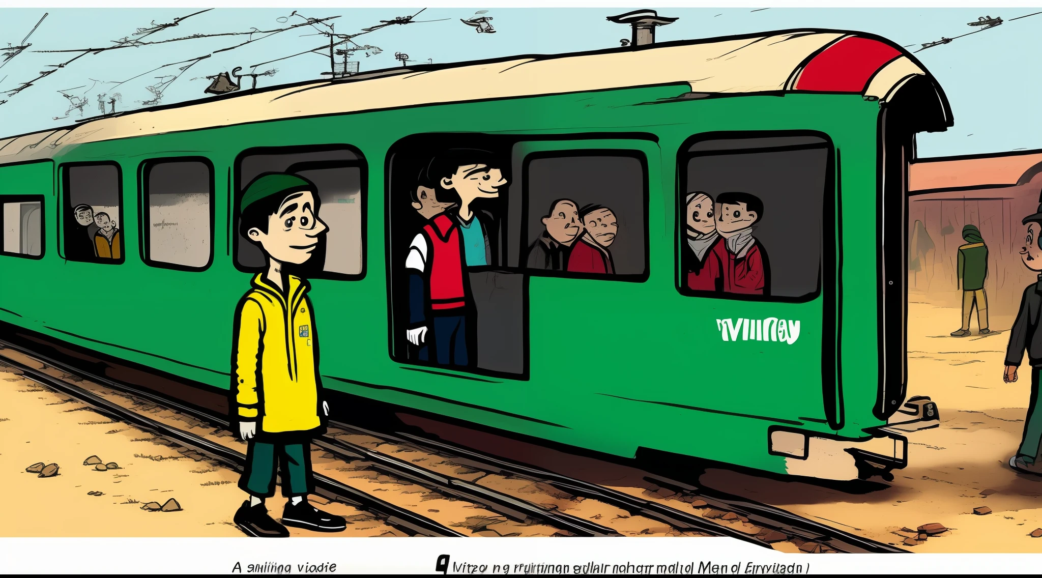 A boy and man in railway station in village in cartoon