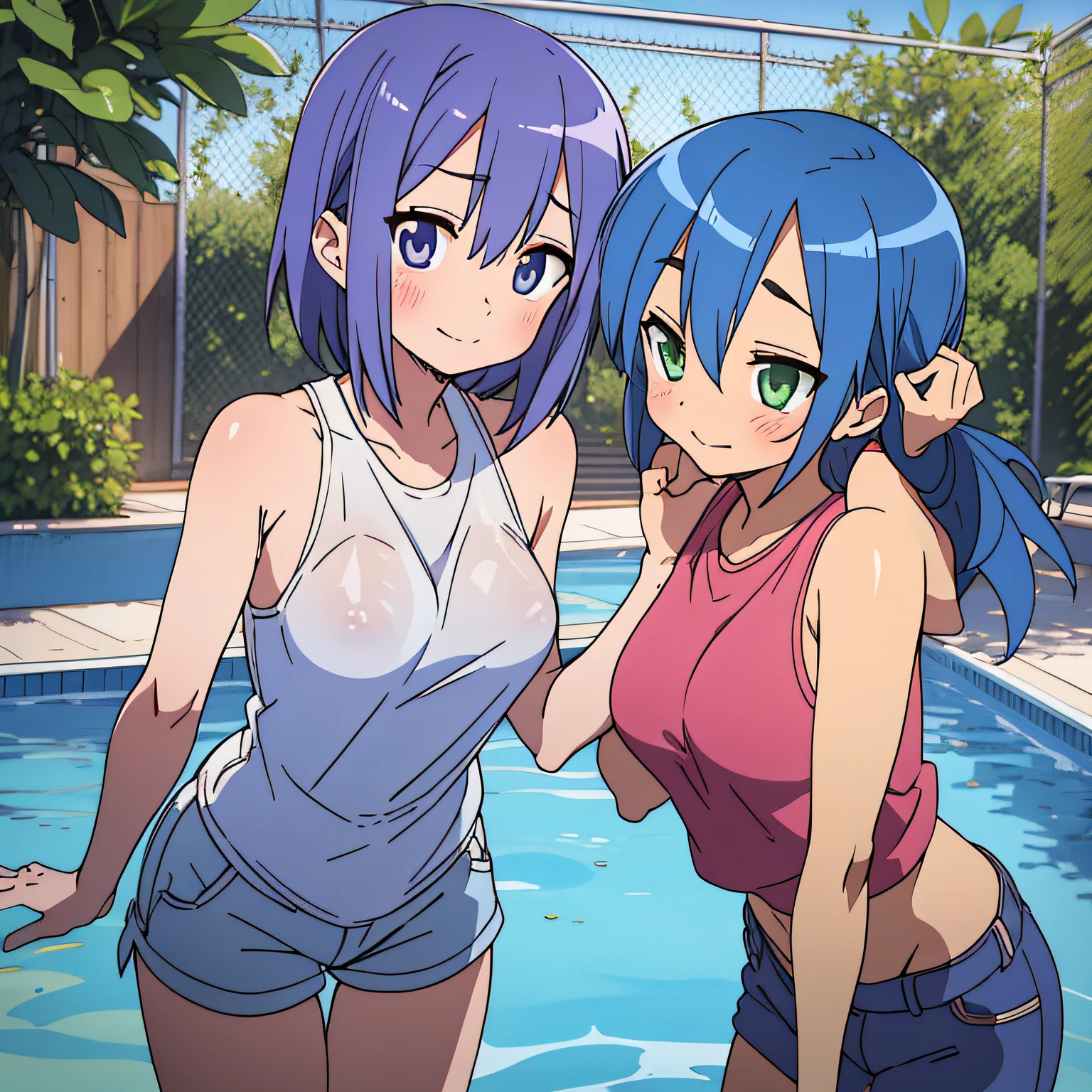 (Kiss the crotch)、Put your face between your crotches、Kagami Hiiragi、Konata Izumi、swimsuiti、Two women having fun by the pool、lewd:1,2、Metamorphosis:1,2、NSFW:1,2、Lesbian Mika:1,2、blushes、Wet sleeveless T-shirt、shortpants、anatomically correcte