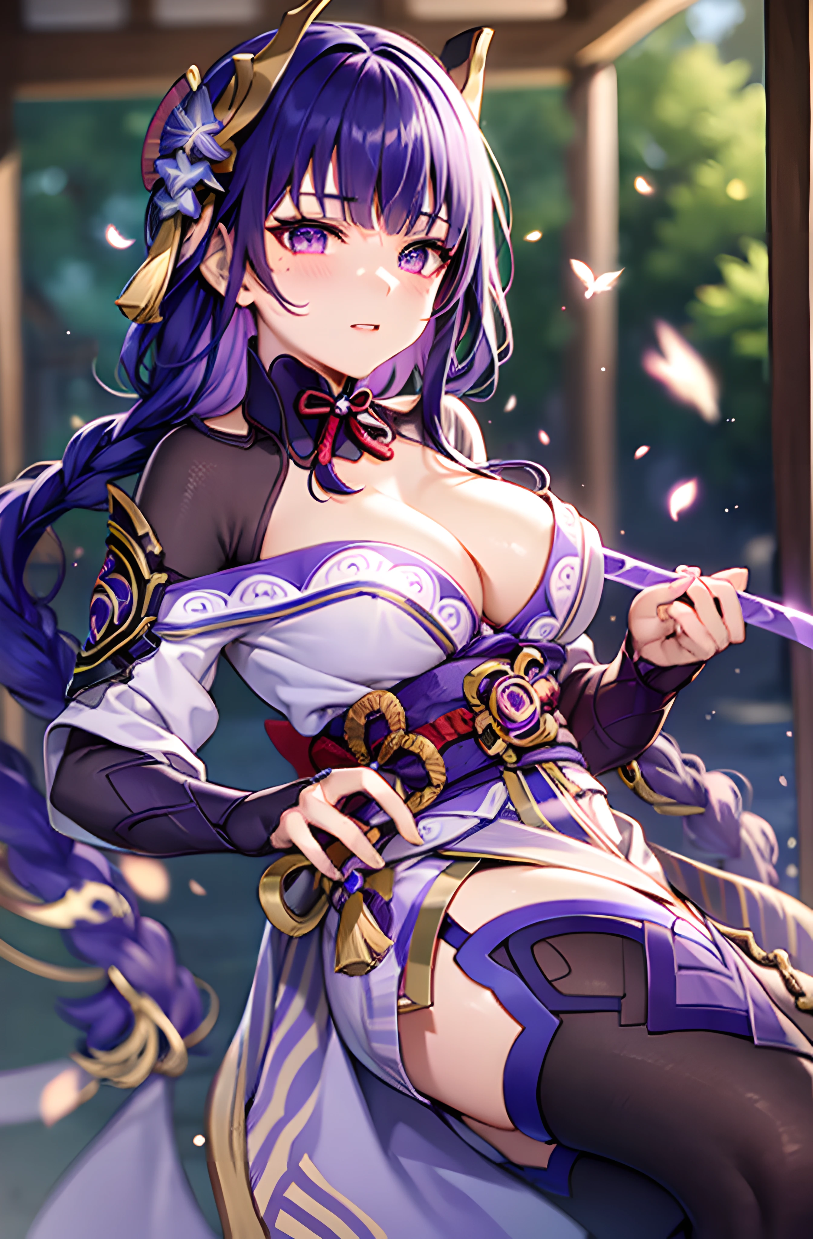 Genshin impact,Genshin,raiden,Raiden General,Ray Movie,komono,kimono,Japan holding a sword,large tits,bewitching,A sexy,aphrodisiac,soio,Purple hair,