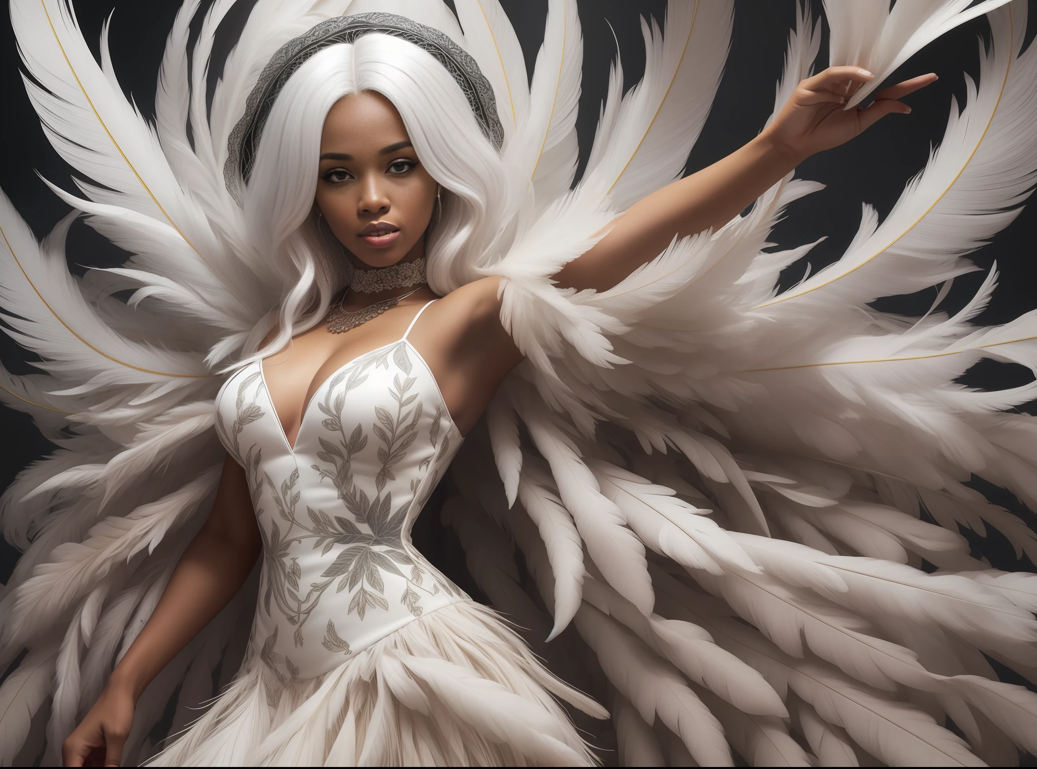 Black woman with white hair dressed in a dress designed with feathers and leaves of different plants, haciendo un movimiento circular con los brazos alzados