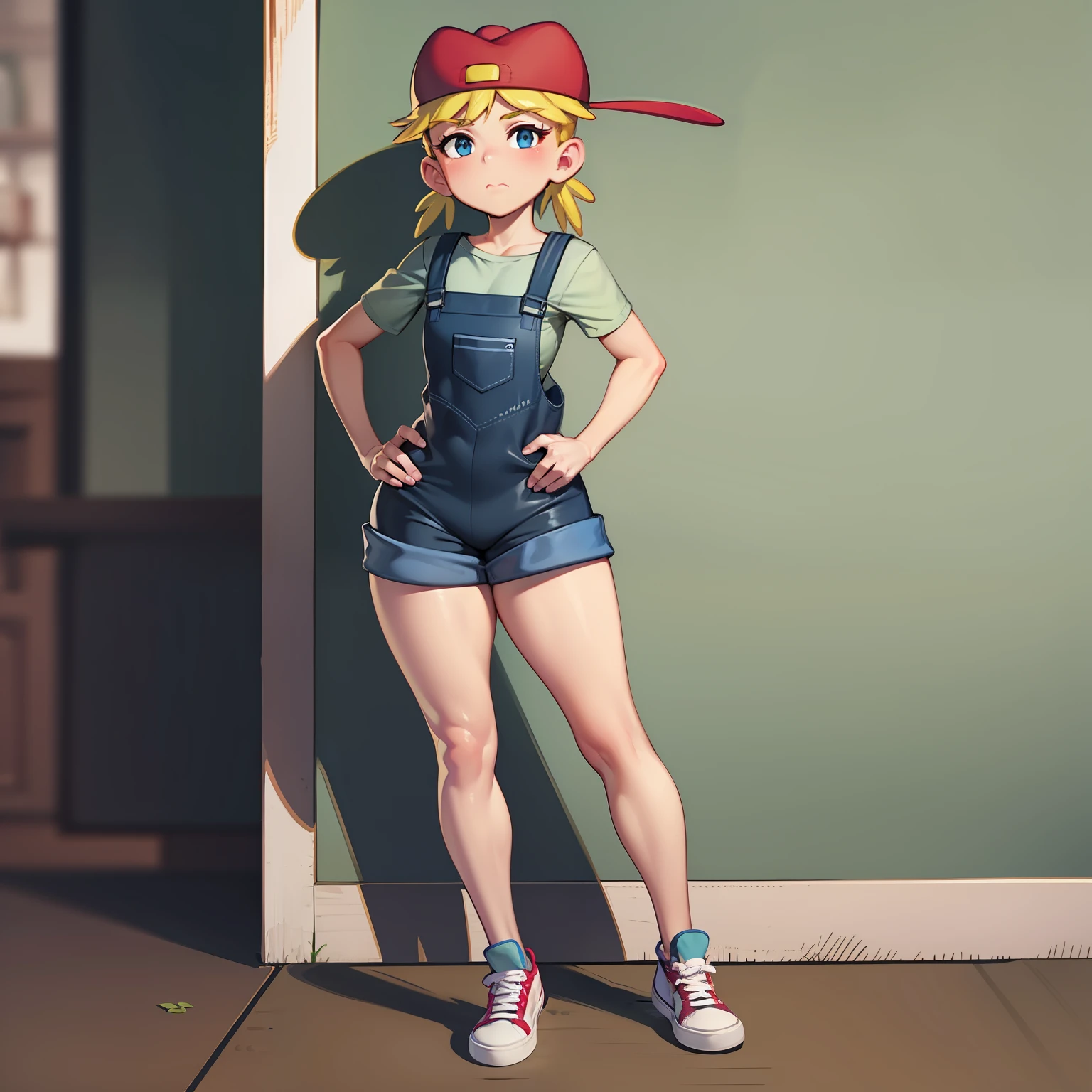 Lana Loud, overalls, red headwear, curvy arms, curvilinear legs, defined legs, sneakers, full body, vista de frente