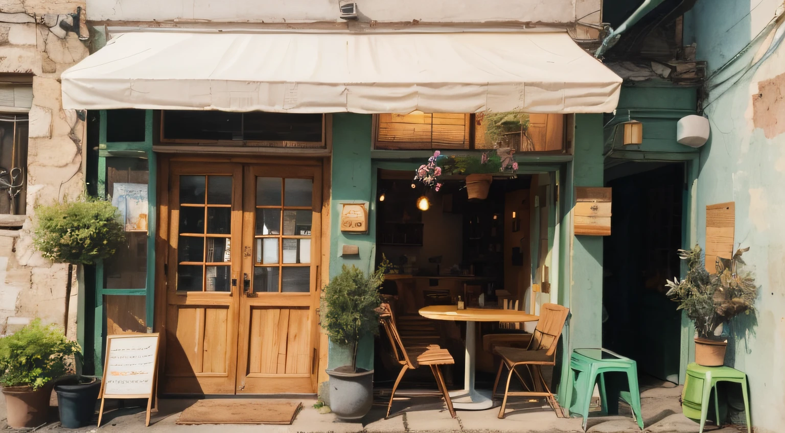 cat,flower, no_humans, window, chair, table, plant, scenery, door, potted_plant, stool, vase, flower_pot, cafe, cutebuild style