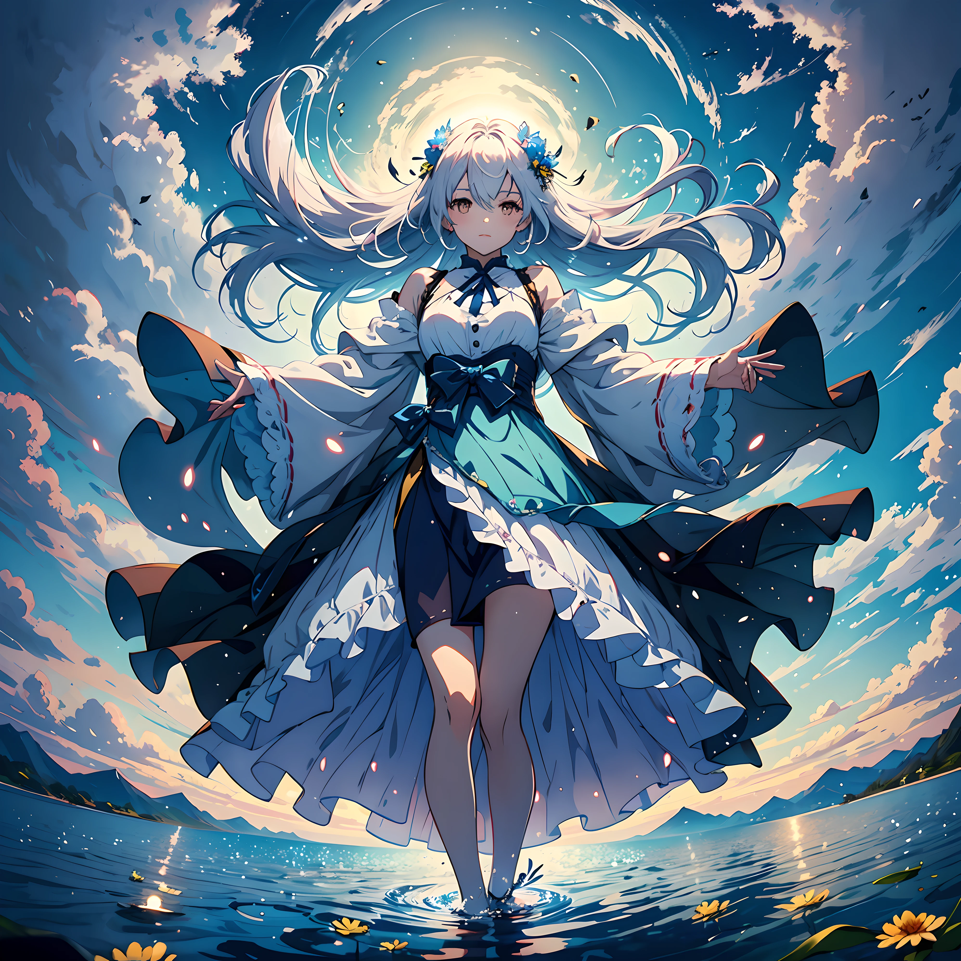 anime cinematic dark lighting, landscape sky and clouds with a sense of counter movement, white and big clouds, sun big and high, floor with blue lake water, reflection of sky in water, wind blowing hair, light bouncing from sun, indigo sun , clear day, hot weather, (ultimate detail in the landscape: 1.5), 1 girl, above the water reflection of the sky, masterpiece, (silver eyes: 1.5), (long hair blue green and strong yellow loose 1.8), anime ,happy look, new life perception, light, adult woman, white medieval dress embroidered with blue flowers, pose with open arms, anime colors, perspective image of girl, complex image, 4k, ultra detail reflections