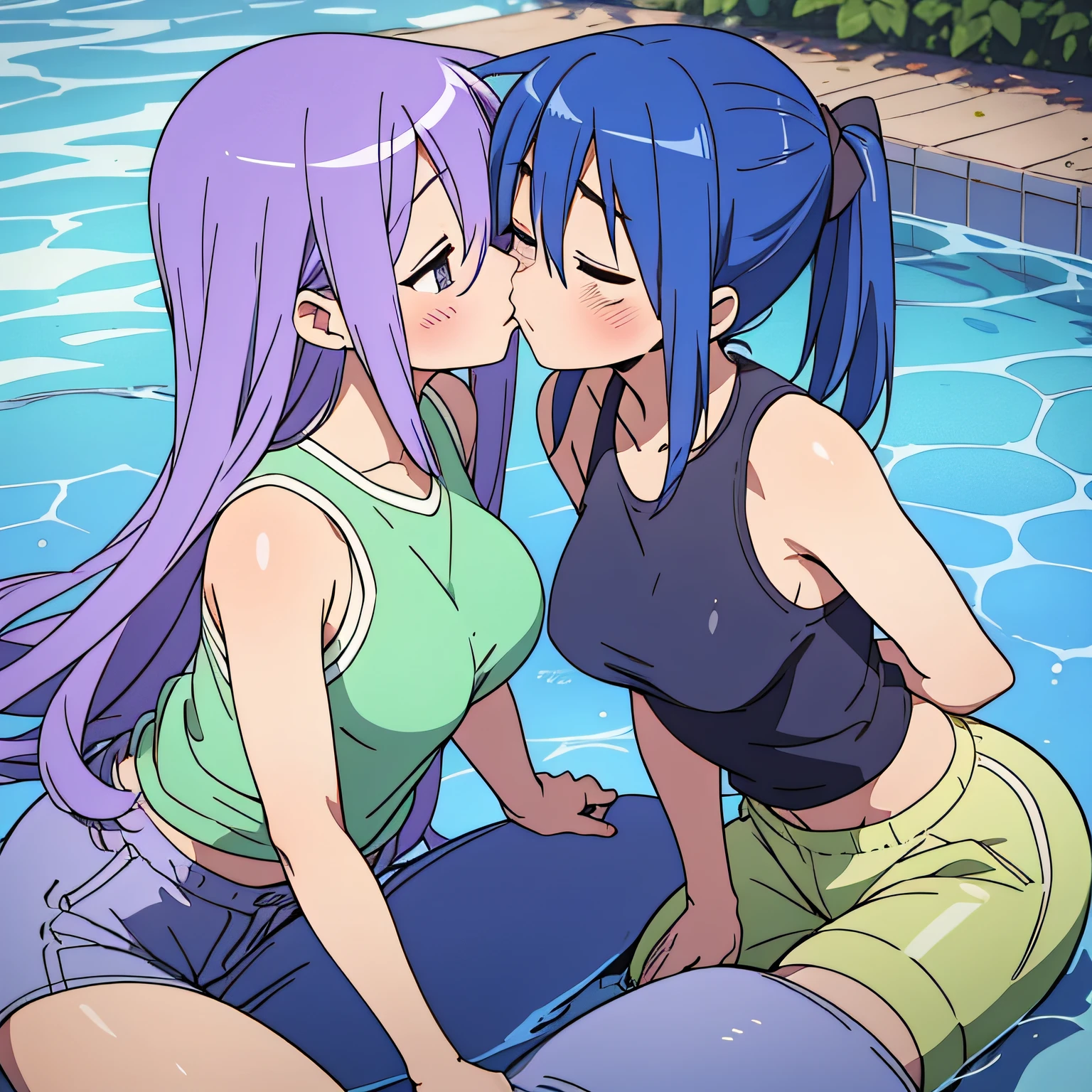 (Kiss on the chest)、Kagami Hiiragi、Konata Izumi、swimsuiti、Two women having fun by the pool、lewd:1,2、Metamorphosis:1,2、NSFW:1,2、Lesbian Mika:1,2、Touching each other's breasts、Kissed、blushes、Wet sleeveless T-shirt、shortpants、anatomically correcte