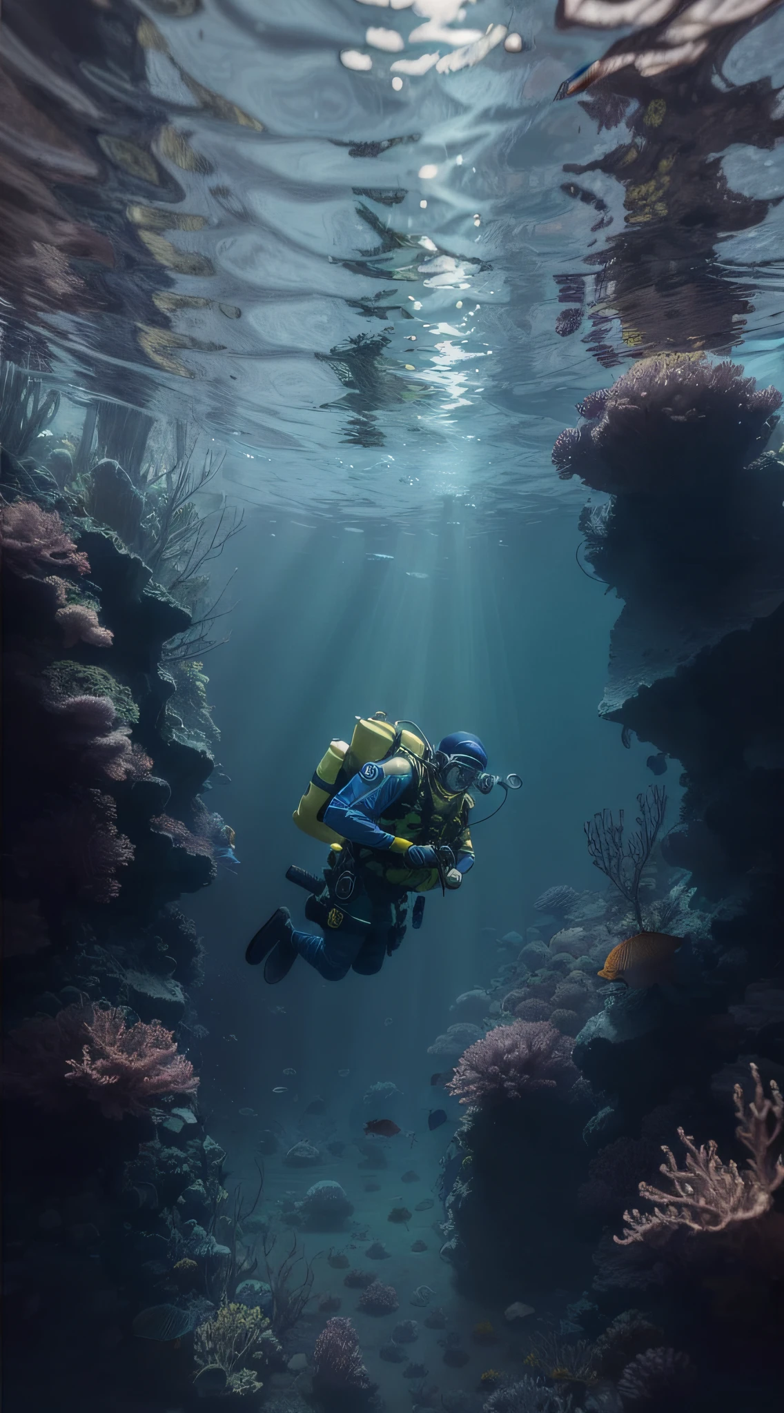 ((巨作)), ((Best quality)), 8K, high-details, Ultra-detailed, A depiction of the police or search and rescue personnel conducting underwater detection in the nearby water bodies, with scenes of them wearing diving gear and searching underwater. Prompt: ((巨作)), ((Best quality)), 8K, high-details, Ultra-detailed, A depiction of the police or search and rescue personnel conducting underwater detection in the nearby water bodies, with scenes of them wearing diving gear and searching underwater.