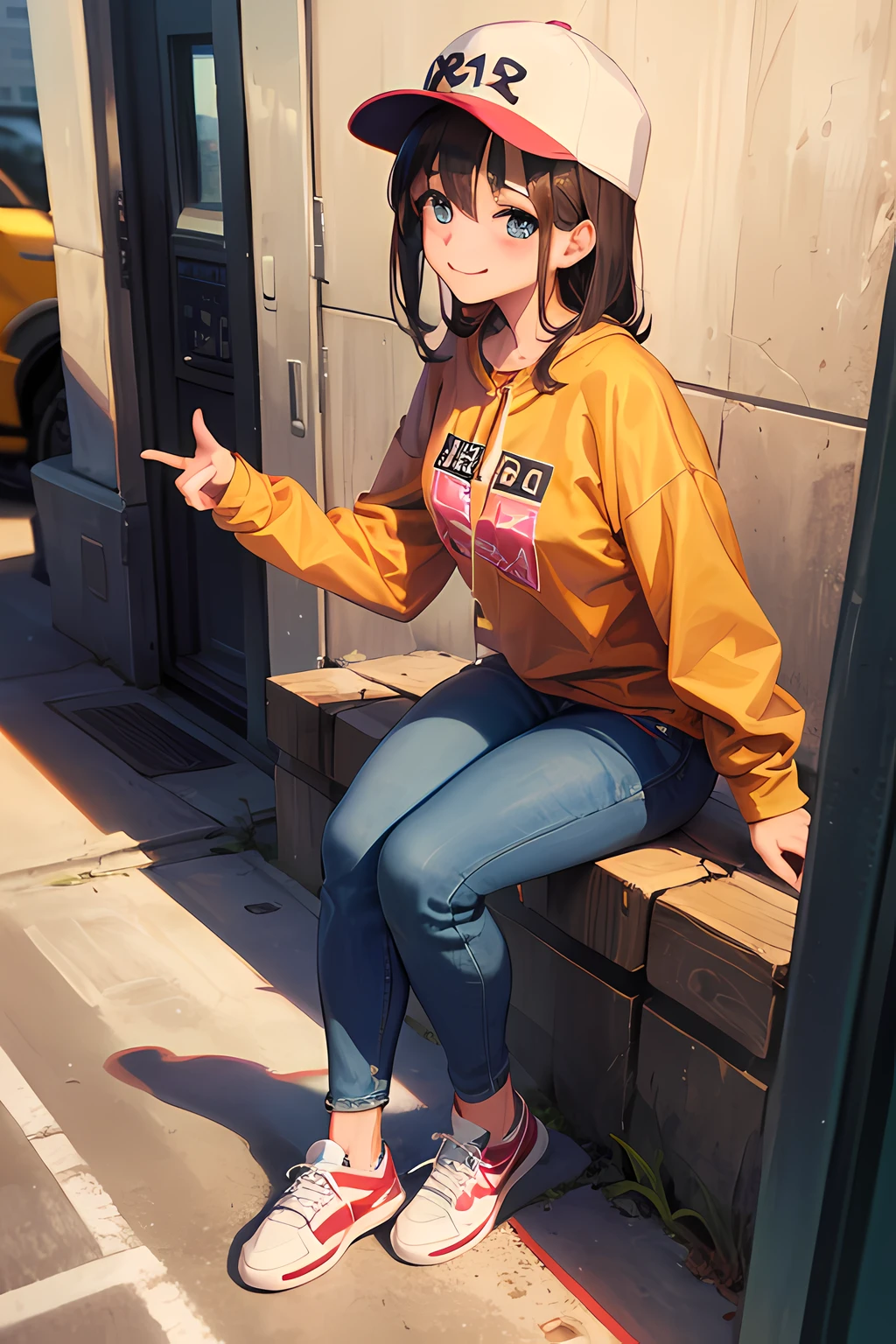 A masterpice、最好质量、16 K、Textured skin、detailed faces、One woman、cheely smile、eyes glowing、Brown hair、Baseball Cap、Sweatshirt、baggy jeans、White sneakers、Pulling Picture