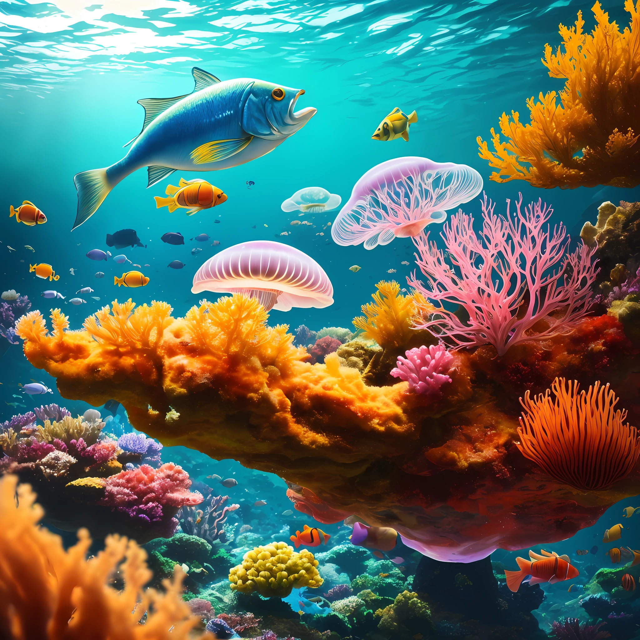 ((perspective)) microscopic world, vista, underwater fantasy,((masterpiece)), best quality, high quality, ((extremely detailed CG unity 8k wallpaper)),(fantasy), complex background, underwater fantasy world, fish school, Glowing jellyfish, colorful, (abyss)), staggered stone platforms in the abyss, glowing undersea plants, 3D digital painting, award winning photography, bokeh, depth of field, HDR, chromatic aberration, photorealistic, extremely detailed, artstation Trends on CGsociety, Intricate, High Detail, dramatic, art by midjourney, --v 6
