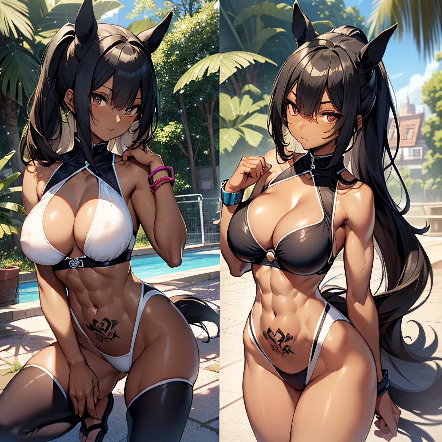 最好质量、(1girl:1.1)、(nsfw)、super detailed skin、Horse ears、pool、30 old year、beautiful face、(tall)、
looking at viewer、(breast focus)、front view、
arched back、breast hold、


highleg swimsuit\(((((high-cut:0.3\)))))\(Thin string\)\(A black\)、

(round breast:2.0)、(underboob:1.3)、(sideboob:1.3)、(cleavage:0.3)、
(abs:0.3)、(Rectus abdominis muscle:1.5)、((six pack abs:1.1))、((A slender:1.8))、(narrow waist:1.8)、navel、


skin(dark skin:1.7)、stomach、pussy line、gleaming skin、small face、(collarbone:1.5)、
ponytail、flipped hair、black hair、middle hair、long hair、
neckless\(busty petite\)、chokers\(coll\)、耳环、bras\(bracelet small\)、
embarassed expression、mata\(Fishing eyes\)、Upper eye、
tattoo\(shoulder\)\(tits\)\(lower back\)、narrow waist、
(flat ass)、(hip bones)、(horse\(tail\))、
 (thights:0.3)、 ((toes))、(sandals)