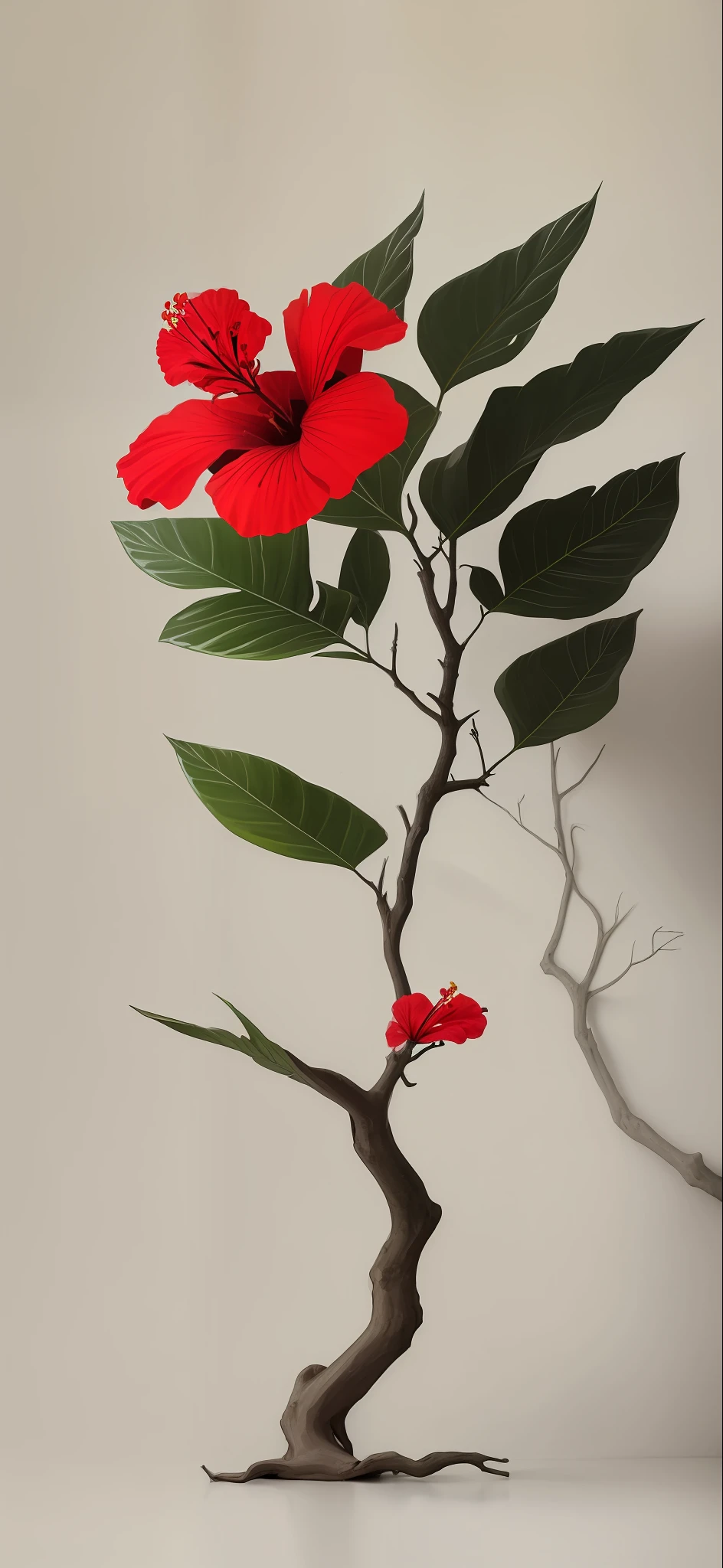 hibiscus flower blooming on a gnarled branch against a grey background, simple background, in the style of light orange and light beige, minimalist images, photography installations, paleocore, green and crimson, hyper-realistic, poetic intimacy
