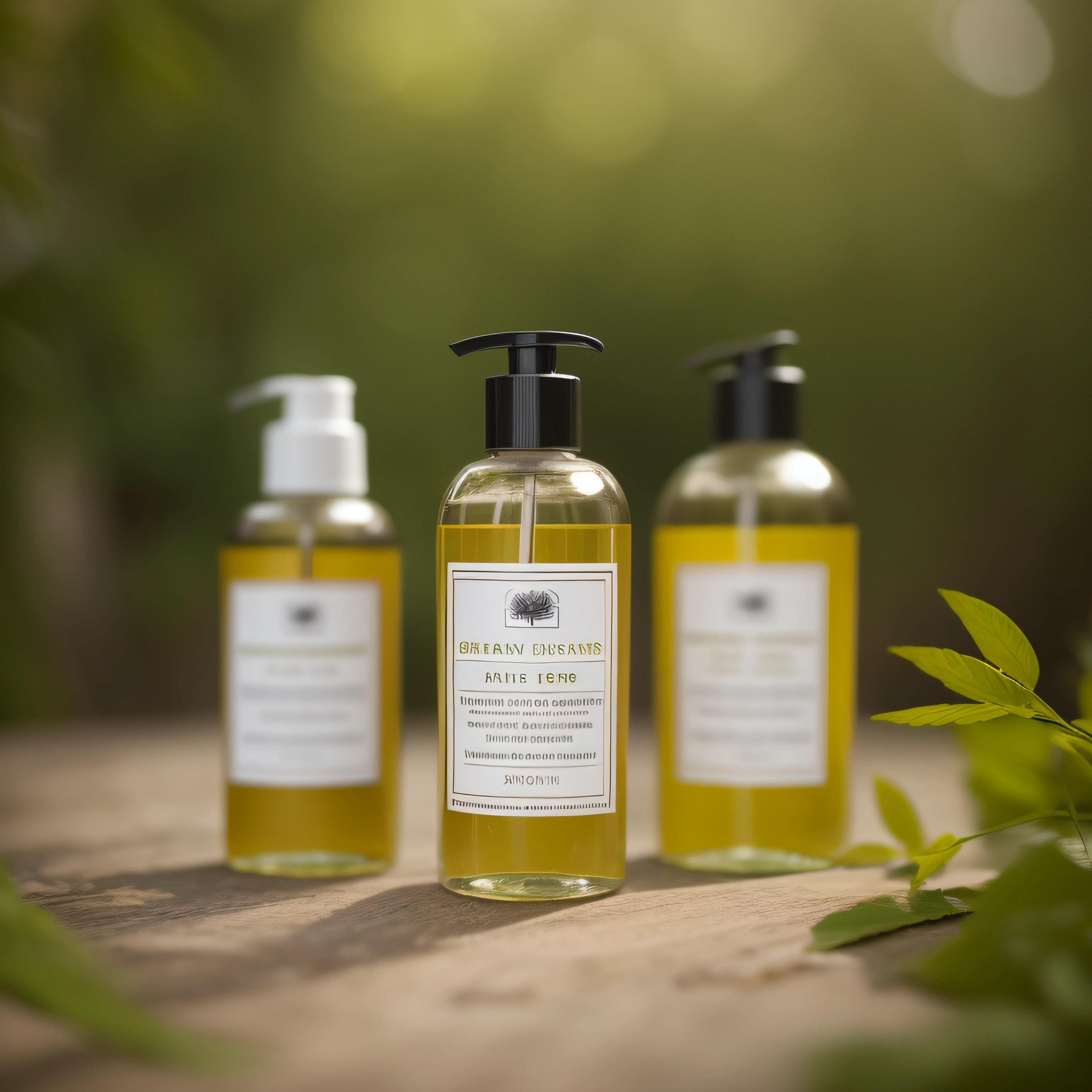 Four bottles of shower gel, professional product photo, Product photography, commercial product photography, miniature product photo, professional product shot, product photograph, high quality product photo, elegantly, Surrounded by greenery,Place on the photo table