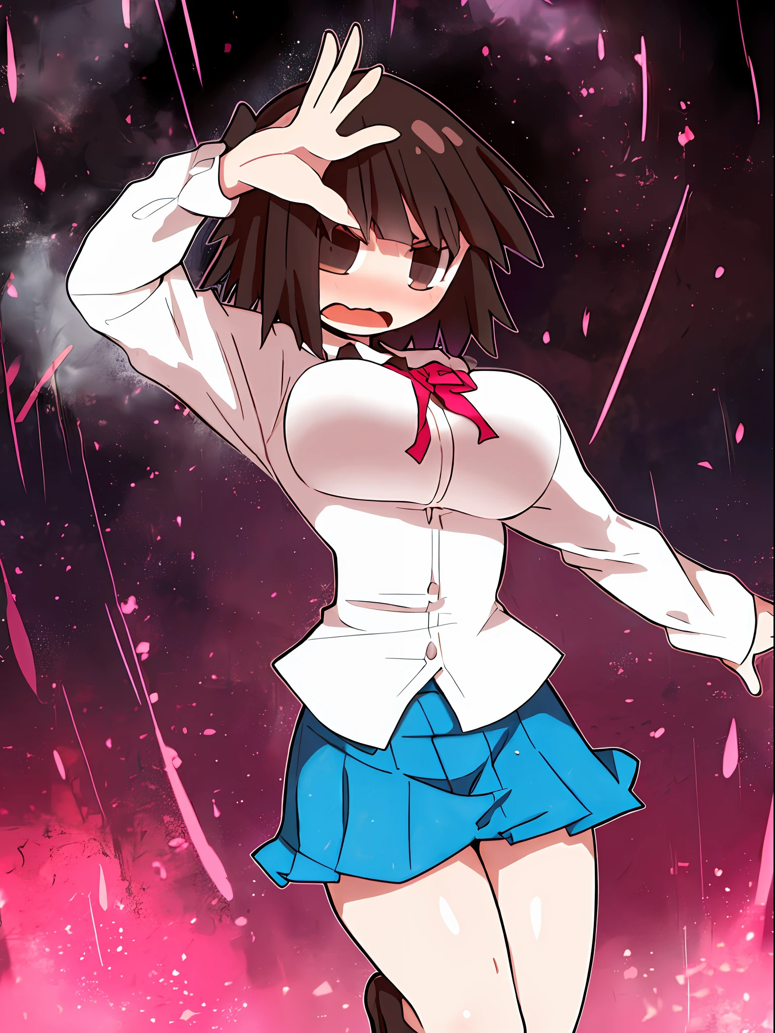 ((masterpiece:1.2)), (best quality), ((extreme detail)), extremely, CG, 8k, toon, pixiv, @squidboy0125, ((mob face)), ((|_|)), 1girl, solo, white school uniform, white shirt, button gap, red bowtie, black pleated skirt, short hair, brown hair, wide hips, (blush), open mouth, full body view, (large breasts), thick thighs, cowboy shot, (arm under breasts),