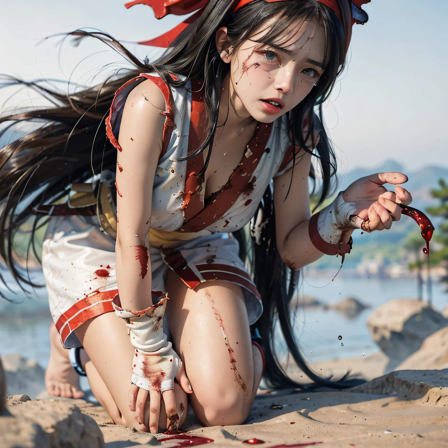 (Master masterpiece), (Raw photography、the best quality), ultra-high-resolution, Professional artwork, superdetailed, intrikate, details face, Perfect Lighting, (1 Girl、独奏:1.2)、Nakoruru、length hair, Red bow, bow, Blue Eye, black har, arma, ainu clothes, Hair Bow, hair band, reverse grip, ngel, Underpants,  gloves, extra very long hair, looking at the viewers, poneyTail, Whole human body、Underarms、Naked foot, cleavage of the breast、Sleeveless, Fingerless gloves, in a kimono, obi,(perfect hand:1.5)、(Perfect_Anatomy:1.2)、Octane Render、(Crying、weak and tired eyes、Tears:1.2),(Bruises and blood stains on the face and body、blood flowing from head and face、injuries on body、Damage、Wounds and cuts、bleeding lips:1.3),(Torn clothing、Tattered clothes:1.5)、(Kneeling weakly:1.2)、 (in woods)、tousled hair、Tired and weak face、(Perfect Body、flawless、perfect thighs)、((Blood stains on clothes、bloody skin:1.3))、(Film lighting)、Soft lighting、Complex and cinematic appearance、Cinema tick writing、Dynamic angles