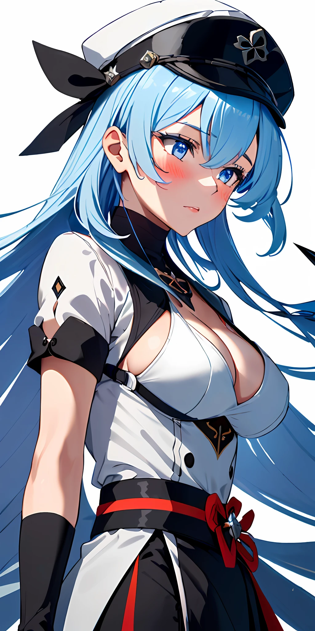 1girl, solo, focalors (genshin impact), focalors hat, , (from front view), (blushing:1.3), (pointed breasts:1.6), pov, masterpiece, highest quality, 8k, blue silver hair, sfwhand on chin, confident look, fontain (genshin impact) background