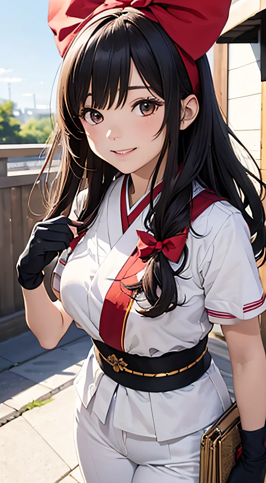 masterpiece, best quality,1girl, solo, nakorurums, red bow, bow, long hair, hair bow, ainu clothes, solo, hairband, black hair, fingerless gloves, short sleeves, gloves, sash, bangs, red hairband, breasts, brown eyes, white pants, japanese clothes, masterpiece, light smile, (illustration: 1.5), running toward viewer --auto