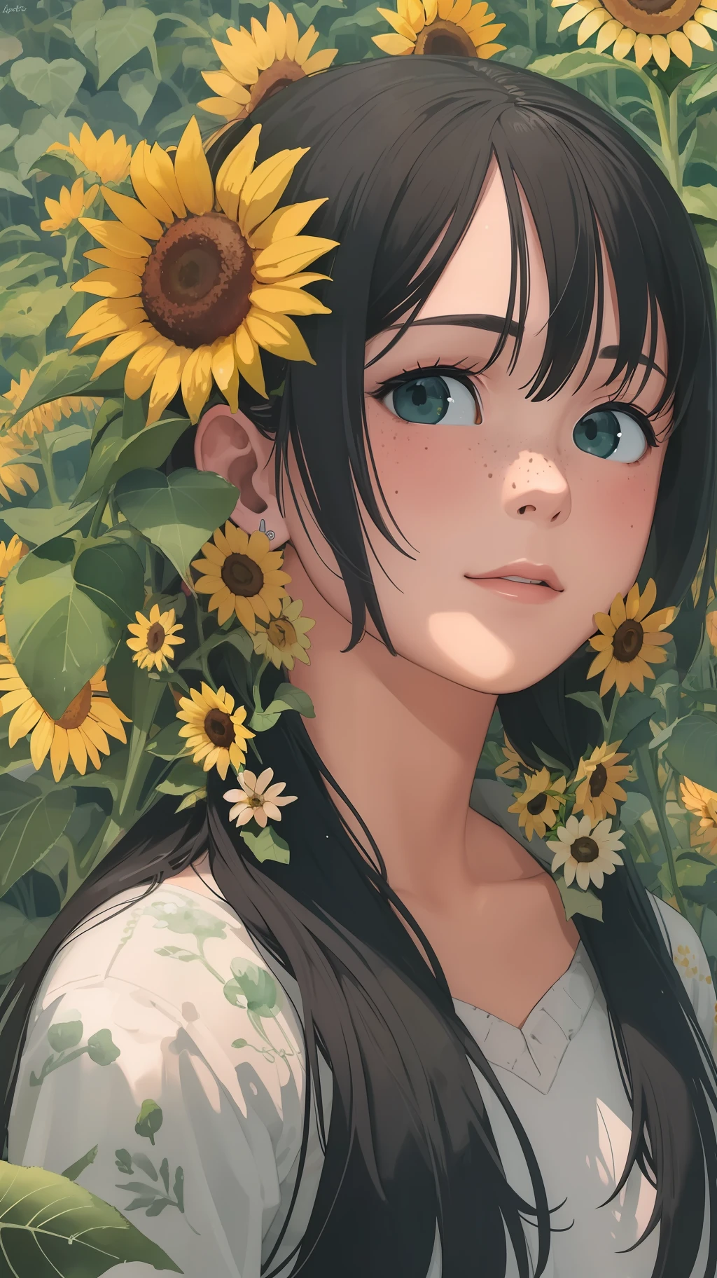 (watercolor:1.2),1girl, solo, flower, sunflower,freckles, portrait, leaf, bangs, signature, yellow flower, brown hair, long hair, green eyes, hair between eyes, flower earrings
