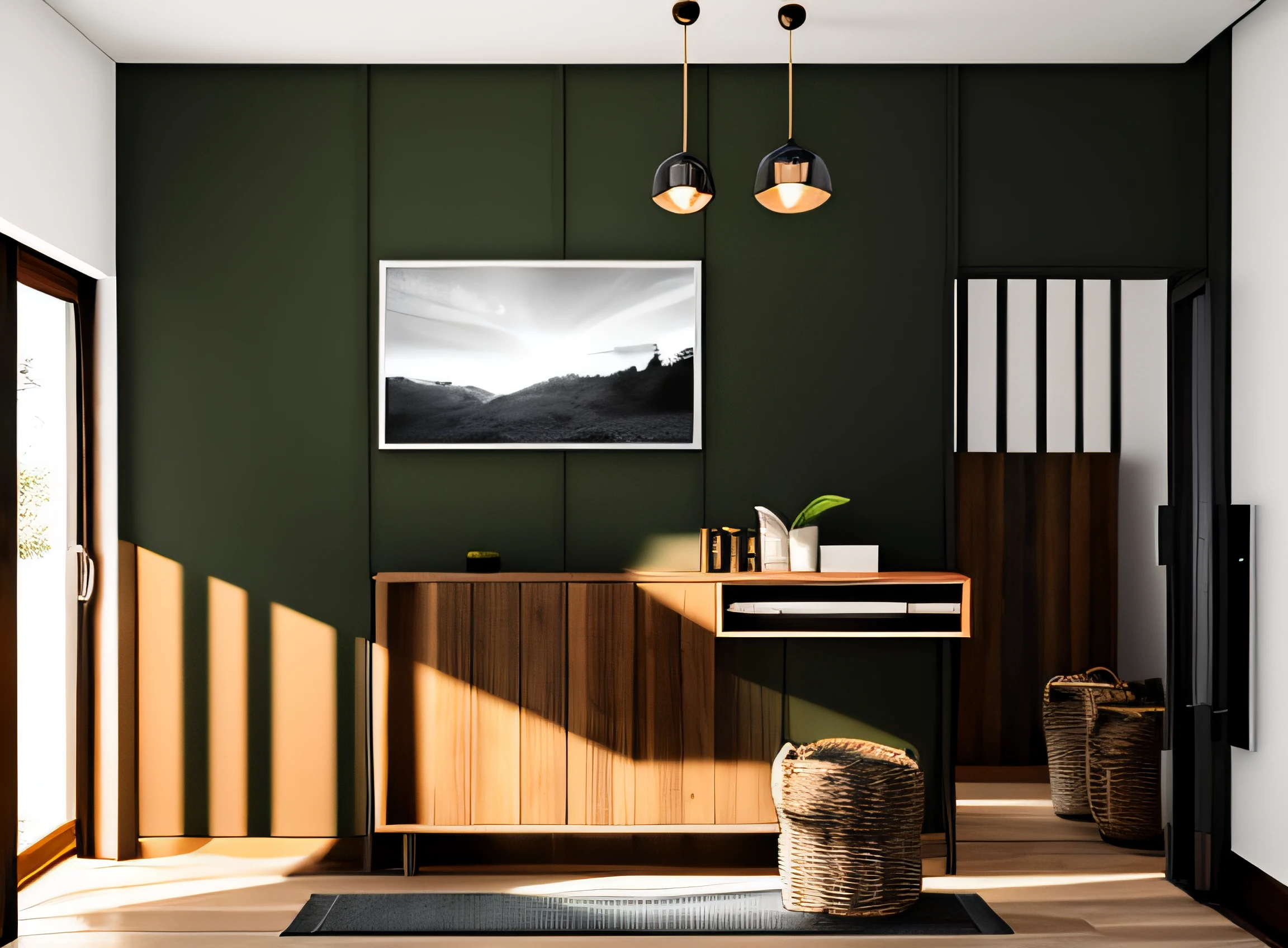 painel de tv com penteadeira em quarto, tons claros, varanda com planta, espelho refletindo, puff, tapete, vray32k, hight realism, alto realismo, vray, varanda com muro verde, porta de vidro, porta de madeira branca, piso em madeira clara, luz do sol entrando pela varanda