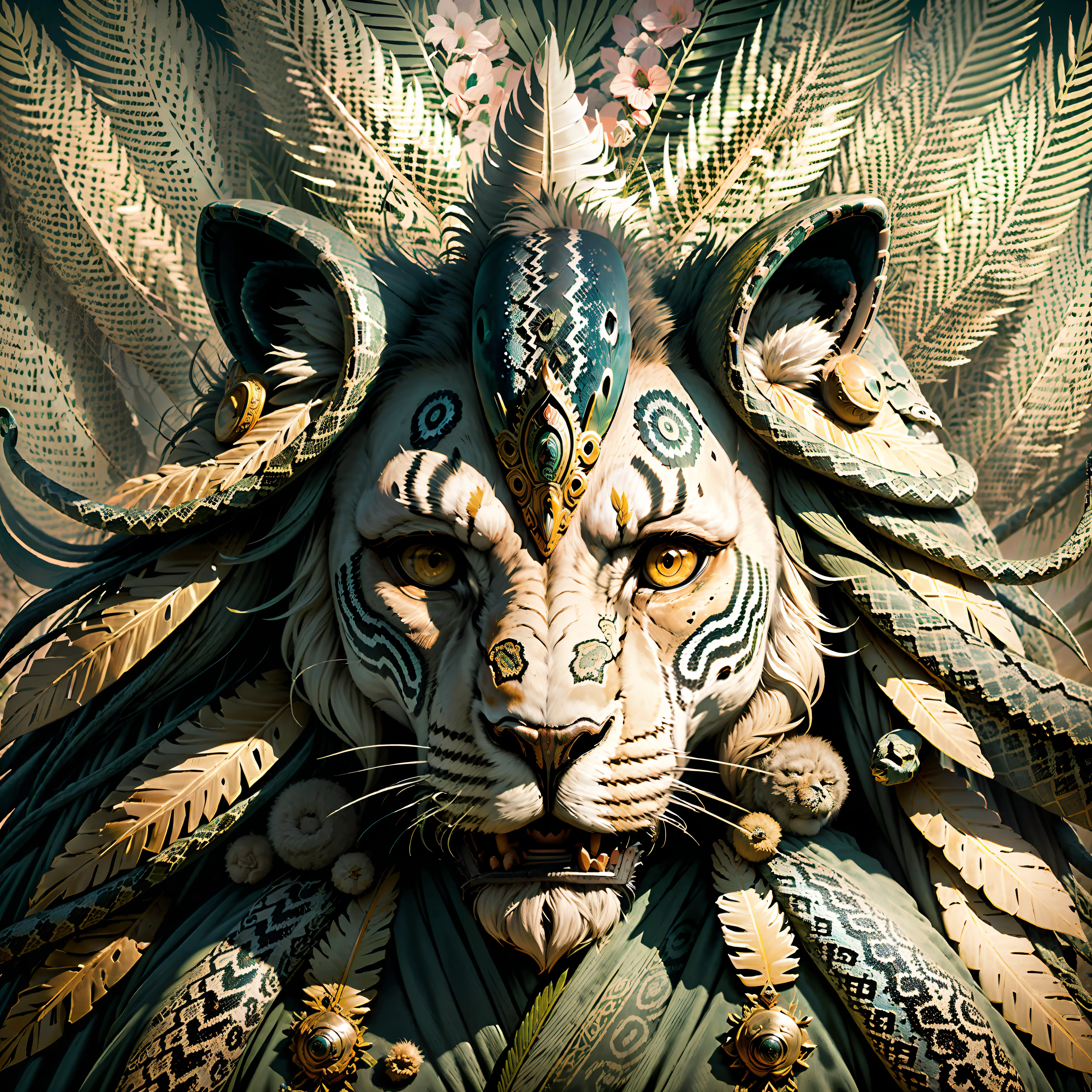 Lion ((indigenous style)),,((meditative state),,((Leo head)) Shaman, elegant, hair with details, with Indian headdress on head, ((praying)) many colorful feathers, colorful feathers,,((snake)) facing the camera, detail: dense tropical foliage, highly detailed intricate, ((masterpiece)), ultra hyperrealistic, masterpiece