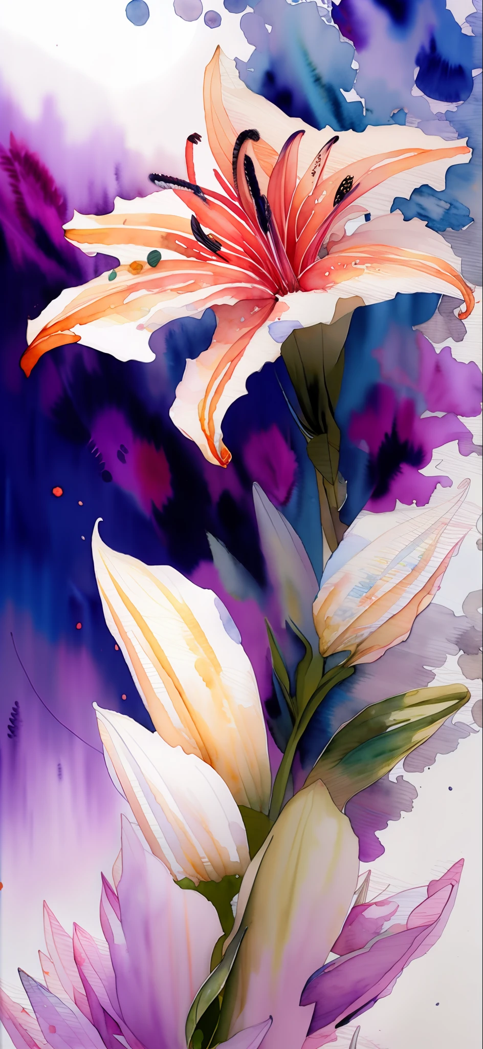 wtrcolor style, digital art of (lilies), official art, blown by the wind, masterpiece, beautiful, ((watercolor)), paint splatter, intricate details. Great detail, [dripping:0.5], trending on Artstation, Rachel Walker