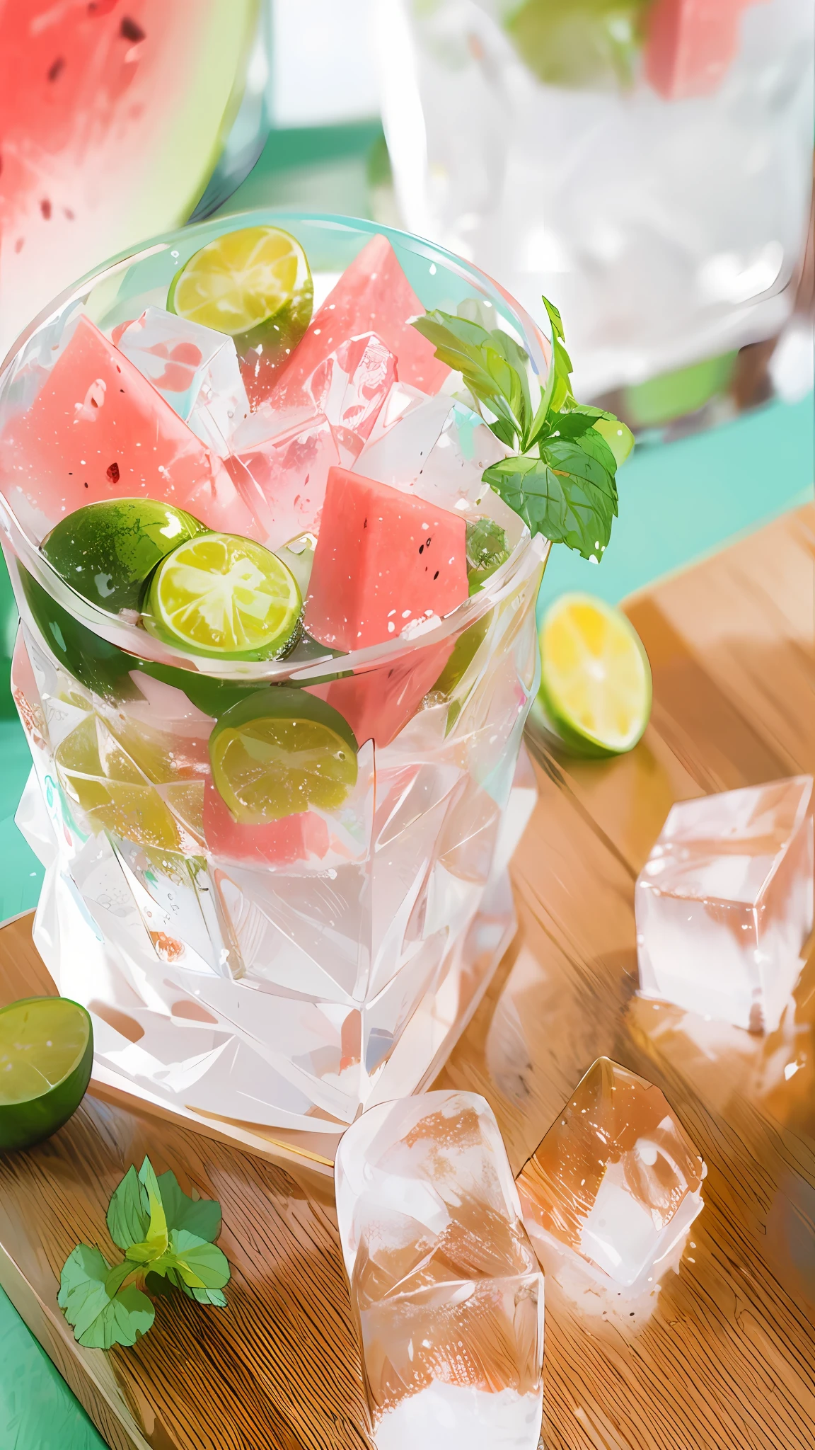 A glass of soda, frozen, frozen effect, on a wooden tray with pieces of watermelon, with mint leaves, cut small turquoise greens, with ice cubes, a few scattered ice cubes on a wooden board, super realistic Food pictures, full theme shown in photos,, Randy Post, hyper realistic ", hyper realistic", high res photo