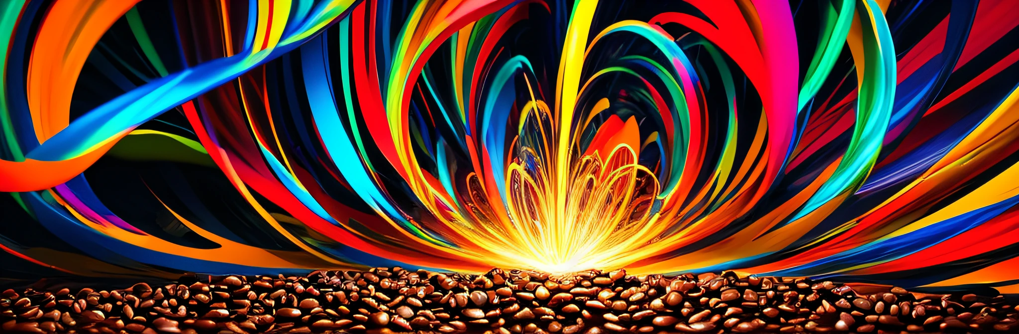 Create an abstract image that symbolizes the energy and vitality provided by caffeine. Experiment with vibrant colors and dynamic shapes to convey the infusion of energy. Incorporate elements like coffee beans, swirling patterns, or electrifying effects to capture the essence of caffeine's stimulating properties