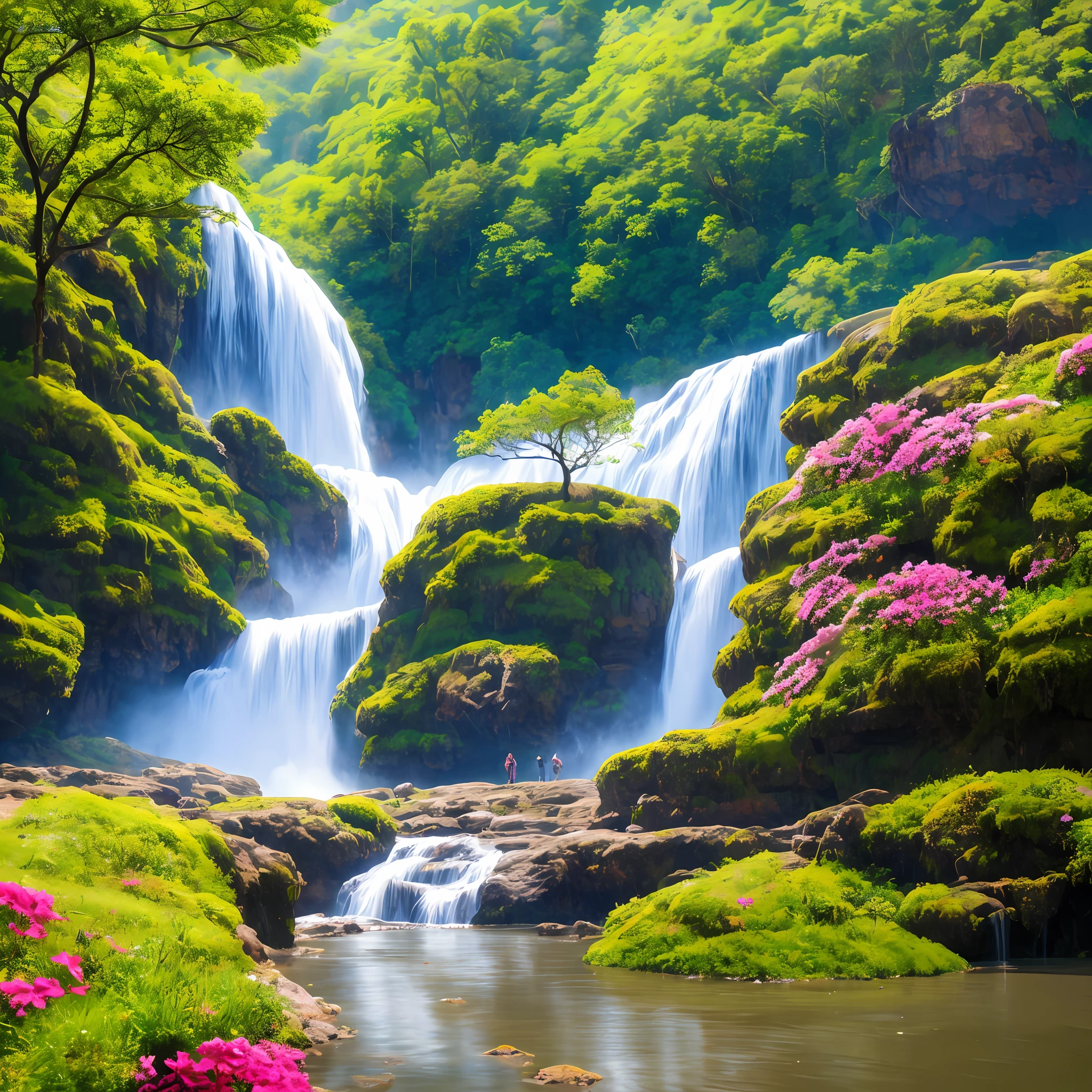 Um vale vermelho e roxo cheio de animais e flores tem um riacho que flui para um lago, Rochas, some trees and a waterfall, some trees and grass on the ground, e um rio, Uma pintura fosca detalhada por Senior Environment Artist, Vencedor do concurso da Shutterstock estilo anime