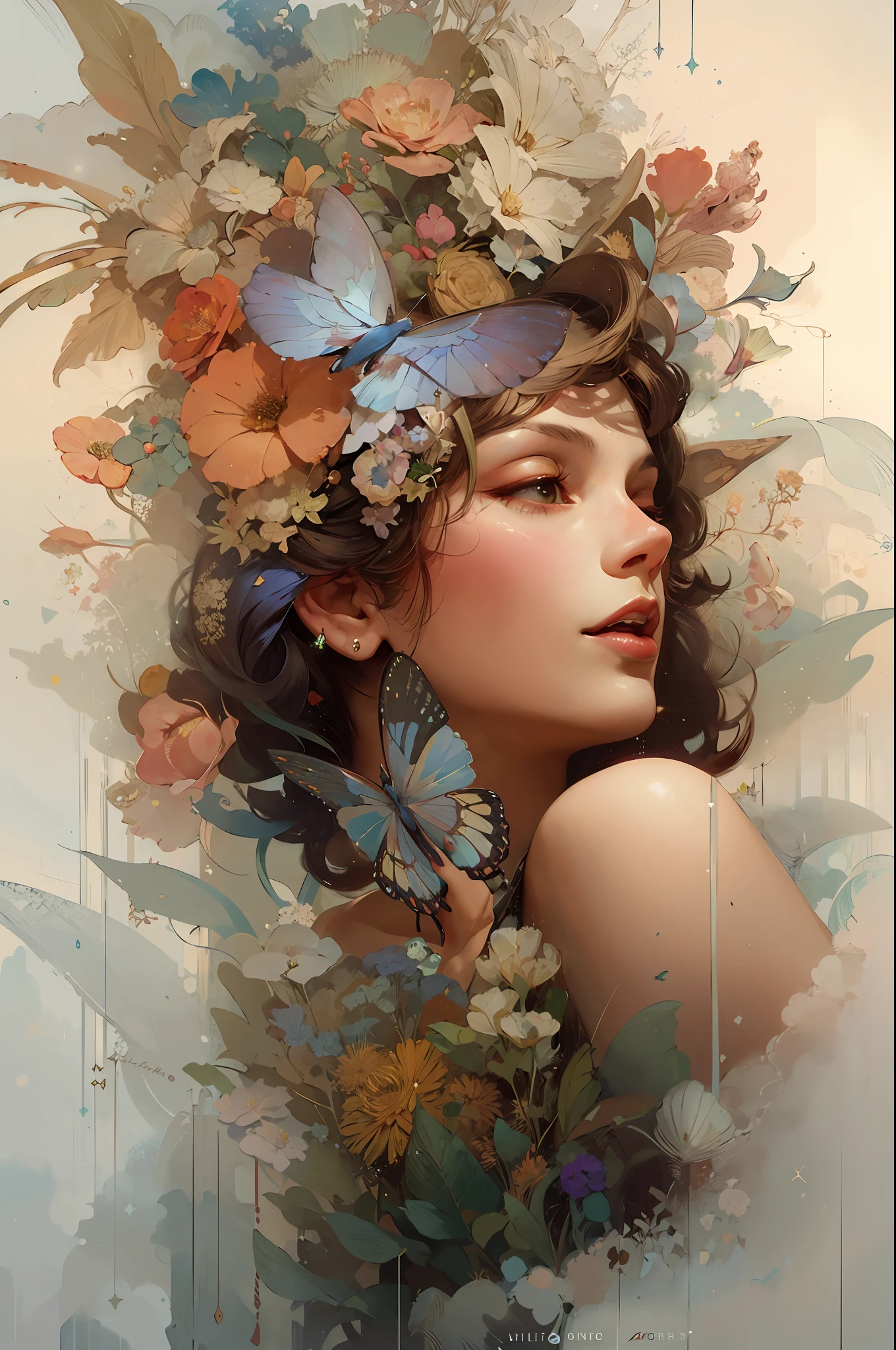 painting of a woman with flowers and butterflies in her hair, ryan hewett, Artgerm and James Jean, Beautiful digital artwork, Wadim Kashin. Ultra photo realsisim, james jean and wlop, loish and ross tran, anna dittmann alberto vargas, Ross Tran 8 K, jinyoung shin art, karol bak and peter mohrbacher