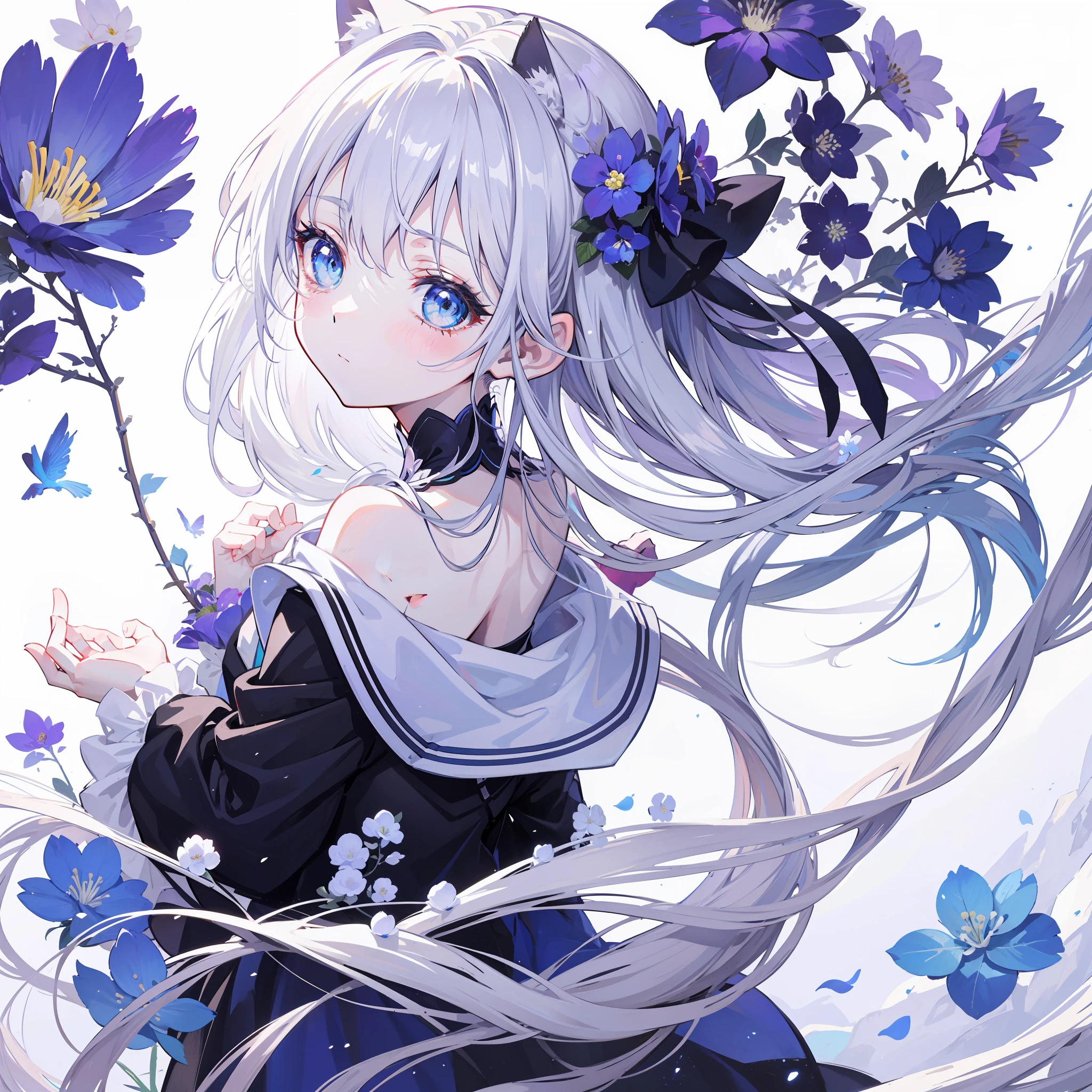 Anime Pictures。Delicate lines。Bright and refreshing shades。Cute cat-eared girl about 18 years old。snow-white hair。blue eyed。long lashes。Deformed illustration。Design composition with the image of colorful flowers。Hedge of flowers in the background。Extremely high quality、high picture quality、A masterpice、Best-aesthetic