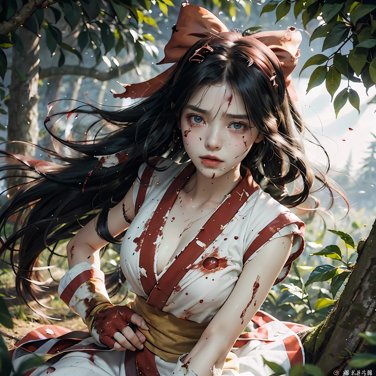 (Master Masterpiece), (Raw photography、highly best quality), UltraHighResolution, Professional artwork, ultra detaild, complicated, details face, Perfect lighting, (1 girl、独奏:1.2)、Nakoruru、long haired, Red bow, Bow, Blue Eye, black  hair, arma, ainu clothes, Hair Bow, hair band, reverse grip, ngel, Underpants,  gloves, extra very long hair, looking at the viewers, ponie tail, A full body、Underarms、naked leg, cleavage of the breast、Sleeveless, Fingerless gloves, in a kimono, obi,(perfect hand:1.5)、(Perfect_Anatomy:1.2)、Octane Render、(Crying、weak and tired eyes、Tears:1.2),(Bruises and blood stains on the face and body、blood flowing from head and face、injuries on body、Damage、Wounds and cuts、bleeding lips:1.3),(Torn clothing、Tattered clothes:1.5)、(Kneeling weakly:1.2)、 (inside forest)、tousled hair、Tired and weak face、(Perfect Body、flawless、perfect thighs)、((Blood stains on clothes、bloody skin:1.3))、(Film lighting)、Soft lighting、Complex and cinematic appearance、Cinema tick writing、Dynamic Angles