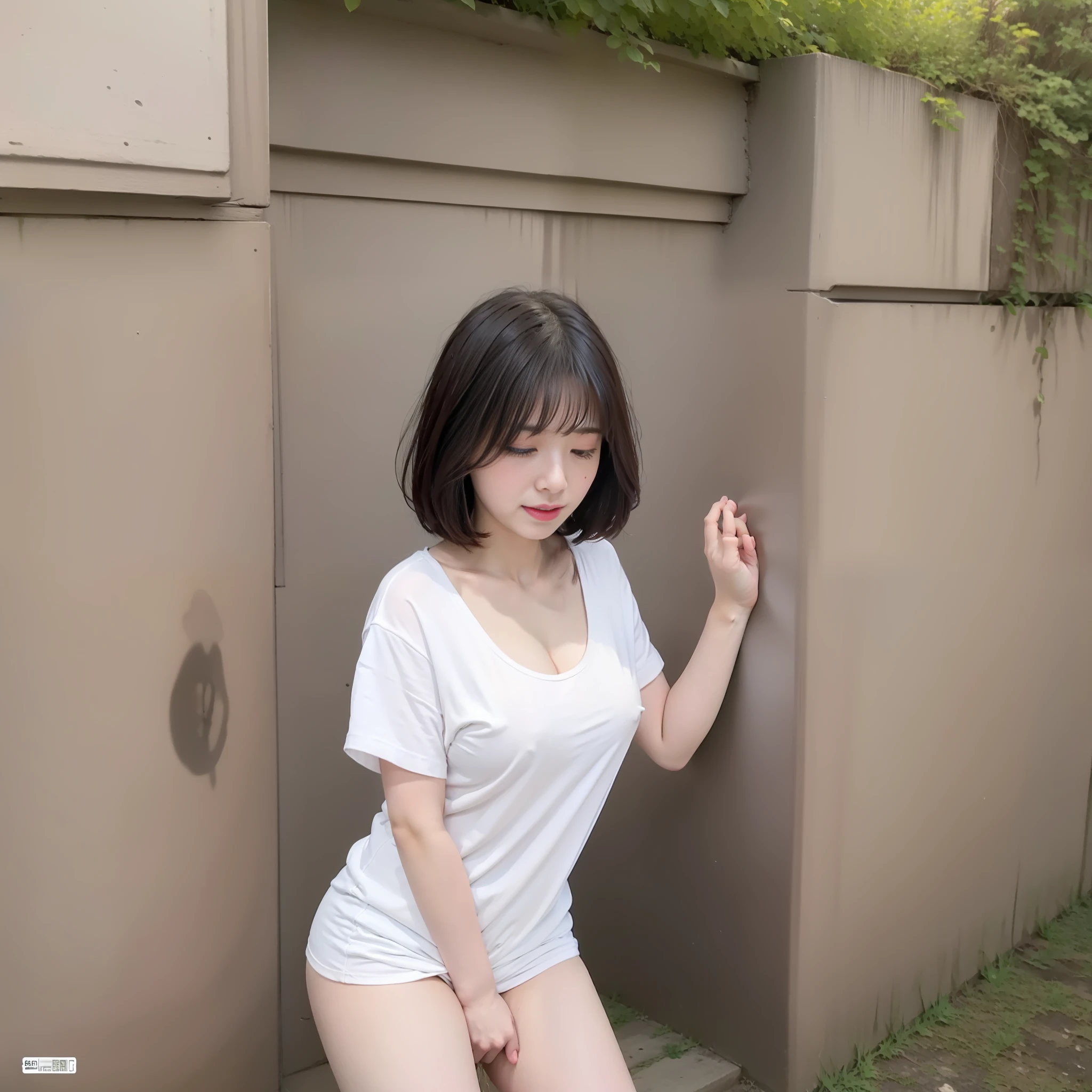 Height 158cm、Weight 65kg、White Skin Skin、hposing Gravure Idol、One girl was ordered to solo、Touching and feeling the pubic area with solo masturbation、In nature、A masterpice、最好质量、realisic 、realisic 、A little fat、(One of the people in the photo:1.3)、(独奏:1.3)、full body pictures、thick thighs、Face of embarrassment and crying while looking down、Red cheeks、Shame、short shoulder-length hair、Dark black hair、HugeBoobs、Show cleavage、Wearing a loose white T-shirt、Wearing a white T-back、Very much hair in the pubic area、Clear Day