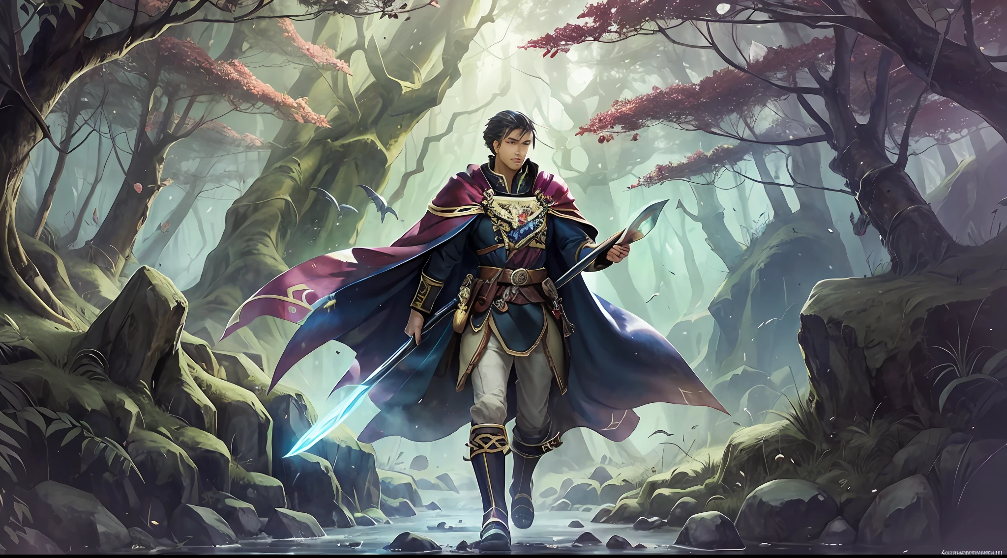 masterpaintings,optimal quality,(magic world),Young magician,in long hogwarts robes,Burgundy cape,holding wands,Black dragons soaring in the sky,Lead an alliance army of races on a dangerous and difficult expedition,Across a dense forest,Walk through treacherous swamps,Climb majestic peaks,Above a mysterious forgotten place,There is a huge cave surrounded by magic arrays。dynamic compositions,high resolucion,Vivid colors and dramatic lighting,Enhanced the magical atmosphere