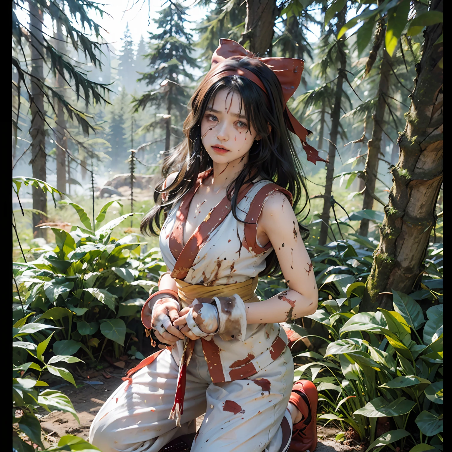 (Master Masterpiece), (Raw photography、highly best quality), UltraHighResolution, Professional artwork, ultra detaild, complicated, details face, Perfect lighting, (1 girl、独奏:1.2)、Nakoruru、long haired, Red bow, Bow, Blue Eye, black  hair, arma, ainu clothes, Hair Bow, hair band, reverse grip, ngel, Underpants,  gloves, extra very long hair, looking at the viewers, ponie tail, A full body、Underarms、naked leg, cleavage of the breast、Sleeveless, Fingerless gloves, in a kimono, obi,(perfect hand:1.5)、(Perfect_Anatomy:1.2)、Octane Render、(Crying、weak and tired eyes、Tears:1.2),(Bruises and blood stains on the face and body、blood flowing from head and face、injuries on body、Damage、Wounds and cuts、bleeding lips:1.3),(Torn clothing、Tattered clothes:1.5)、(Kneeling weakly:1.2)、 (inside forest)、tousled hair、Tired and weak face、(Perfect Body、flawless、perfect thighs)、((Blood stains on clothes、bloody skin:1.3))、(Film lighting)、Soft lighting、Complex and cinematic appearance、Cinema tick writing、Dynamic Angles