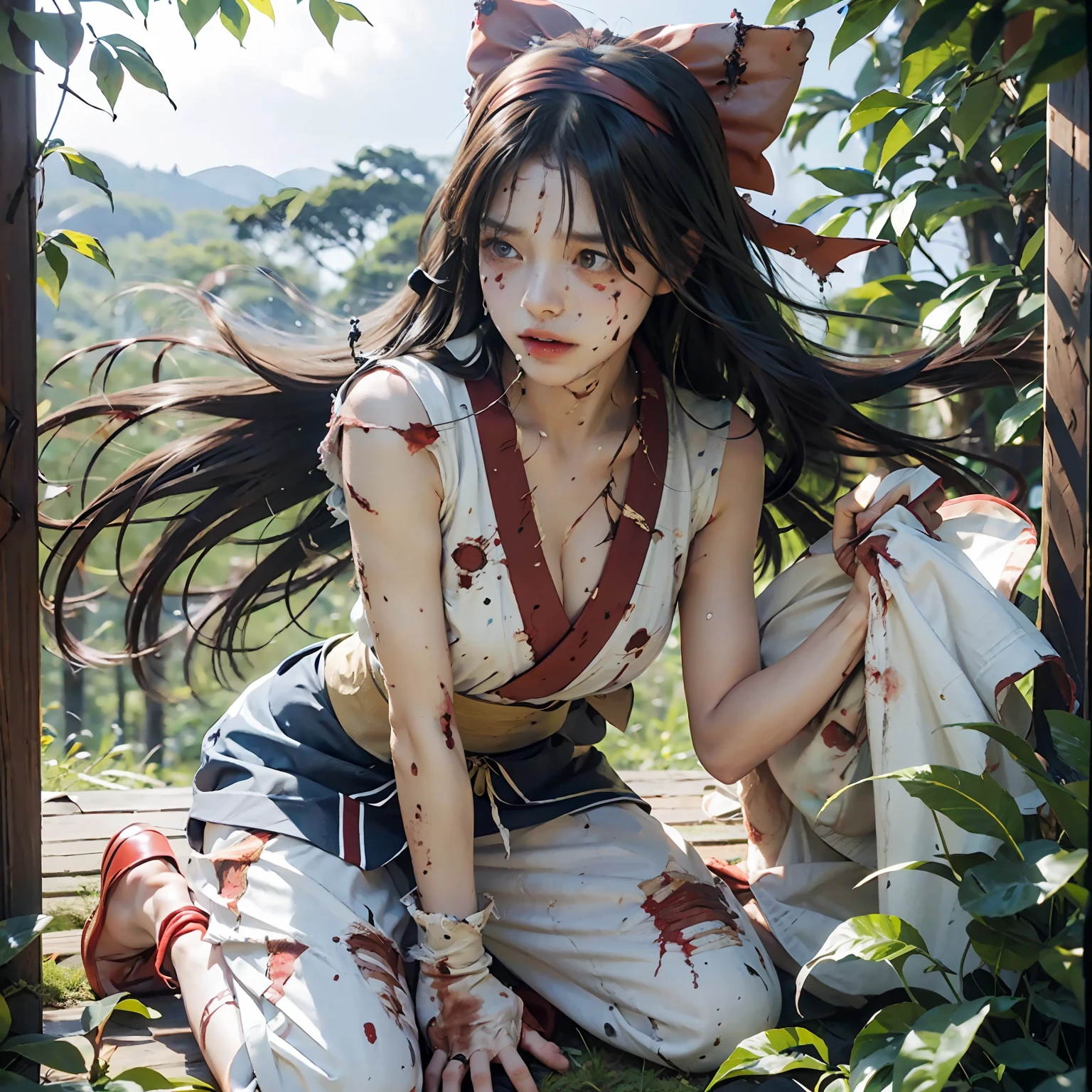 (Master Masterpiece), (Raw photography、highly best quality), UltraHighResolution, Professional artwork, ultra detaild, complicated, details face, Perfect lighting, (1 girl、独奏:1.2)、Nakoruru、long haired, Red bow, Bow, Blue Eye, black  hair, arma, ainu clothes, Hair Bow, hair band, reverse grip, ngel, Underpants,  gloves, extra very long hair, looking at the viewers, ponie tail, A full body、Underarms、naked leg, cleavage of the breast、Sleeveless, Fingerless gloves, in a kimono, obi,(perfect hand:1.5)、(Perfect_Anatomy:1.2)、Octane Render、(Crying、weak and tired eyes、Tears:1.2),(Bruises and blood stains on the face and body、blood flowing from head and face、injuries on body、Damage、Wounds and cuts、bleeding lips:1.3),(Torn clothing、Tattered clothes:1.5)、(Kneeling weakly:1.2)、 (inside forest)、tousled hair、Tired and weak face、(Perfect Body、flawless、perfect thighs)、((Blood stains on clothes、bloody skin:1.3))、(Film lighting)、Soft lighting、Complex and cinematic appearance、Cinema tick writing、Dynamic Angles