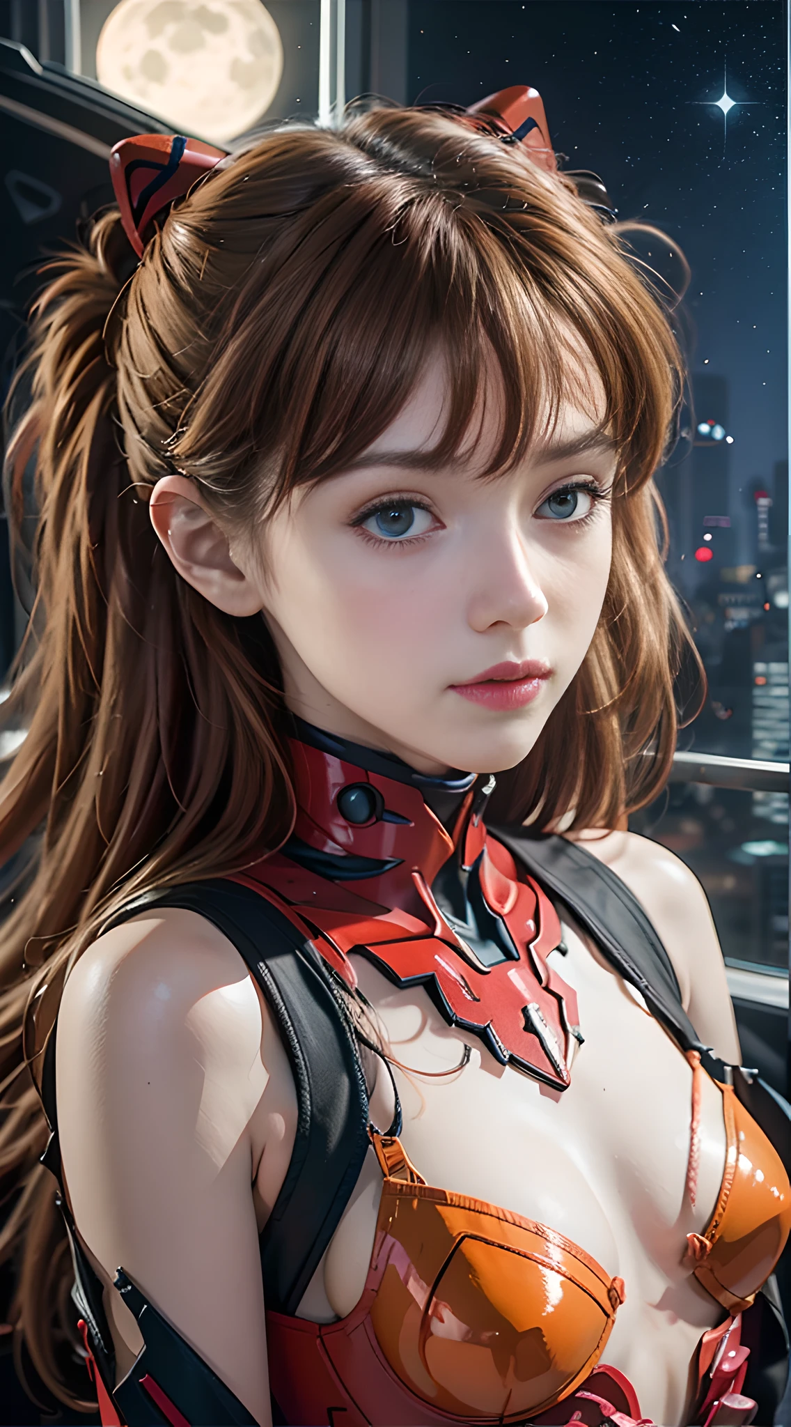 （overhead view），dynamic angle，superdetailed，illustration，Close up of，Straight Forward，1girl huge large breasts，souryuuasukalangley，
 （（souryuu asuka langley，Interface headset，red body suit：1.4，bionde）），Her eyes shone like dreamy stars，（gloweyes：1.233），（Beautiful and delicate eyes：1.1），（Expressionlessly，Keep your mouth shut），（to stand），
（Mechanical room with tools and spaceship windows in a white spaceship），
（夜晚：1.2），Dreamlike， [[Slender fingers and hands：0.55]：：0.85]，（detail finger），