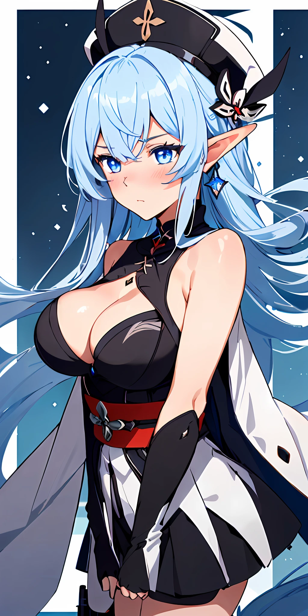 1girl, solo, focalors (genshin impact), focalors hat, , (from front view), (blushing:1.3), (pointed breasts:1.6), pov, masterpiece, highest quality, 8k, blue silver hair, sfwhand on chin, confident look, fontain (genshin impact) background, elf, covered breasts, large breasts, corped cleavage