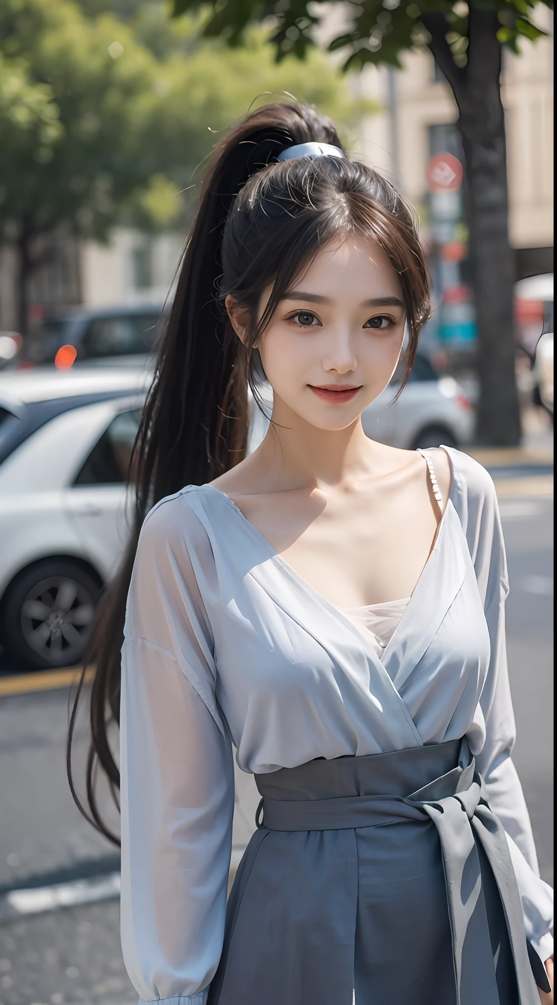 ((optimal quality, 8k, masterpaintings:1.3)), Focus:1.2, perfect figure beautiful woman:1.4, Cocked buttocks:1.2, ((High ponytail, collar bone:1.2)), (a short skirt:1.1) , (Rain, Street:1.3), Highly detailed facial and skin texture, detailed eye, 双眼皮,Whiten skin,length hair,(closing mouth:1.3),Smile with,clong legs,Whole human body,silk clothes,Optimal proportions of four fingers and one thumb,smiley face,Face texture:1.3,sun beam,summer,collar bone,Finely Beautiful Eyes,Real face,authentic skin,Realistic face,Realistic skin,Detailed eyes,detailedfacialfeatures, detailed clothes features,Detailed face,Chest contour,tight-fitting,POS random,The upper body is wrapped in silk and chest:1.4
