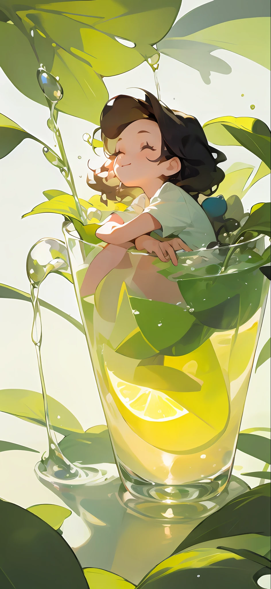 A little girl sits in a glass, happily tasting watermelon, cool liquid, sunlight, shade, colorful