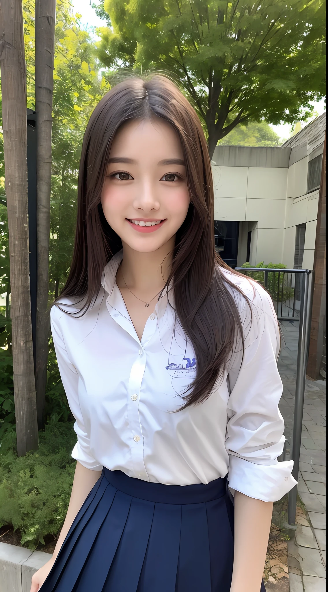 Very detailed 8k wallpaper)、sharp-focus、In detail、drama、Delicate and beautiful schoolgirl、15age、Sheer white shirt、Dark blue pleated micro mini、light brown-hair、hair adornments、sexy、a smile、Peek at the viewer、Beautiful graphics、Bright school building、Full of students、Show me your whole body、