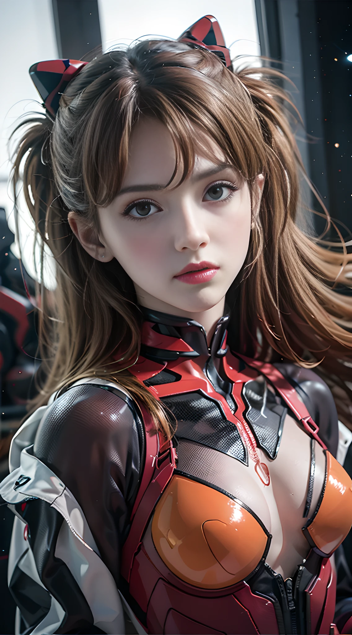 （overhead view），dynamic angle，superdetailed，illustration，Close up of，Straight Forward，1girl huge large breasts，souryuuasukalangley，
 （（souryuu asuka langley，Interface headset，red body suit：1.4，bionde）），Her eyes shone like dreamy stars，（gloweyes：1.233），（Beautiful and delicate eyes：1.1），（Expressionlessly，Keep your mouth shut），（to stand），
（Mechanical room with tools and spaceship windows in a white spaceship），
（夜晚：1.2），Dreamlike， [[Slender fingers and hands：0.55]：：0.85]，（detail finger），