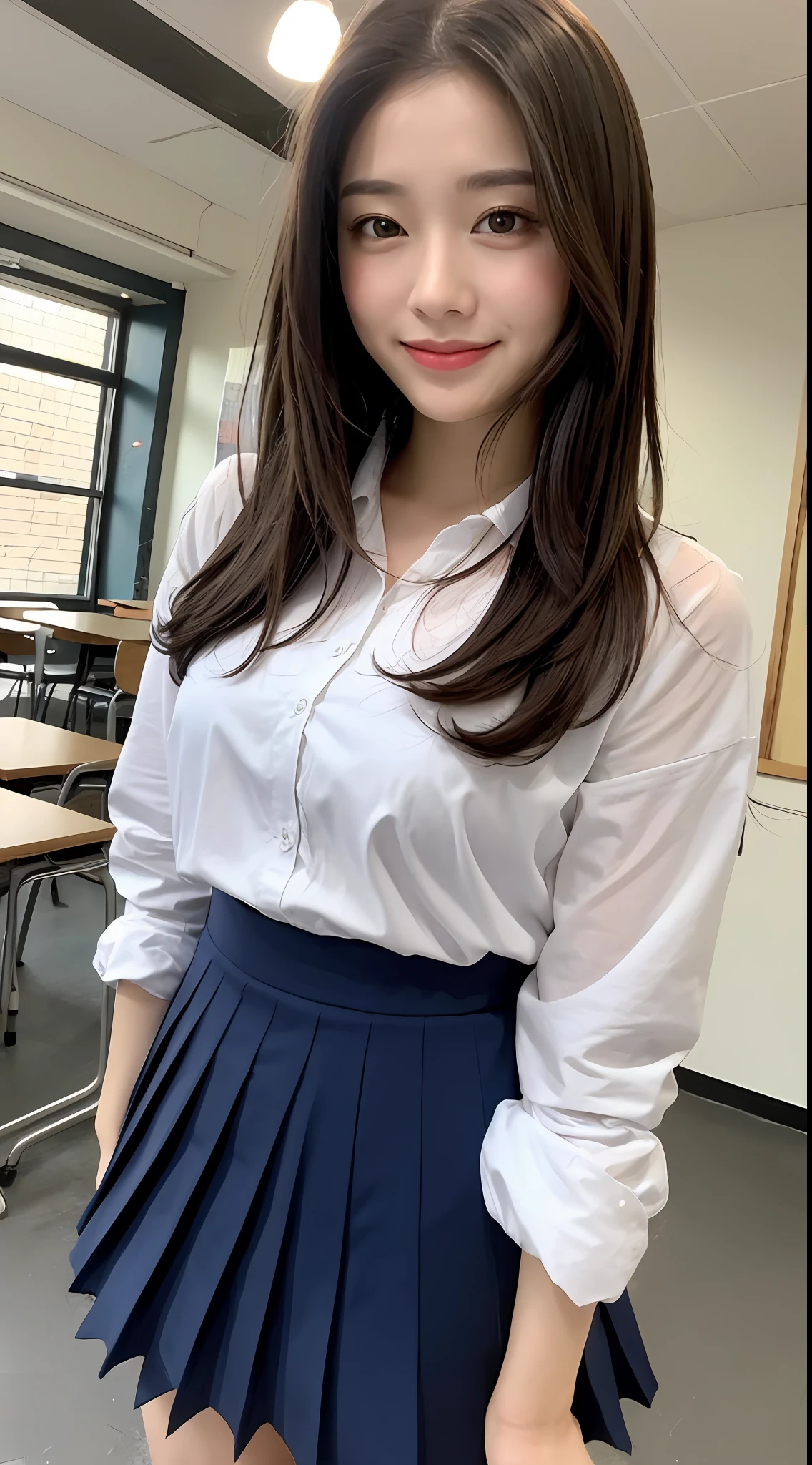 Very detailed 8k wallpaper)、sharp-focus、In detail、drama、Delicate and beautiful schoolgirl、age、Sheer white shirt、Dark blue pleated micro mini、light brown-hair、hair adornments、sexy、a smile、Peek at the viewer、Beautiful graphics、Bright school building、Full of students、Show me your whole body、