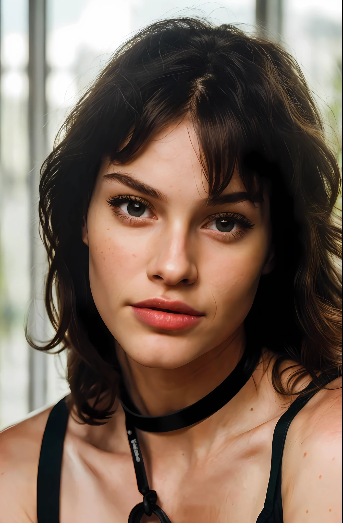 (close-up, editorial photograph of a futuristic 19-year-old woman), (highly detailed face:1.4) (smile:0.7) (background inside dark, serious, private study:1.3) POV, by lee jeffries, nikon d850, film bank photography,4 kodak portra 400, camera f1.6 lens, rich colors, hyper realistic, realistic texture, dramatic lighting, cinestill 800, traces of italian, white ethnicity, fleshy lips and angelic face,  Hyper realistic 4k, curly hair and short with smooth bangs, looking at the camera