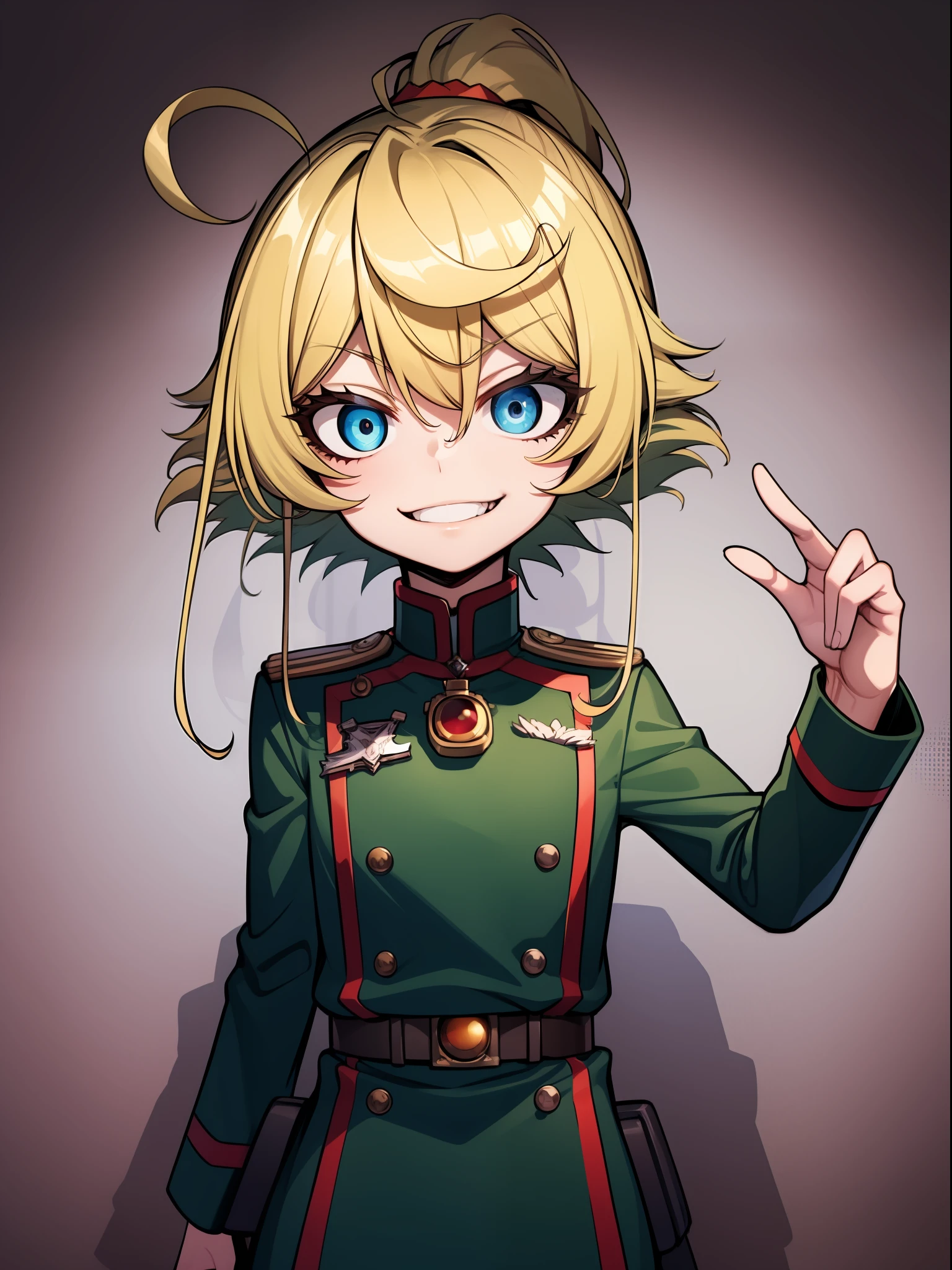 Tanya Degurechaff, Miitar uniform, evil smile, short stature, Killer eyes, psychotic eyes