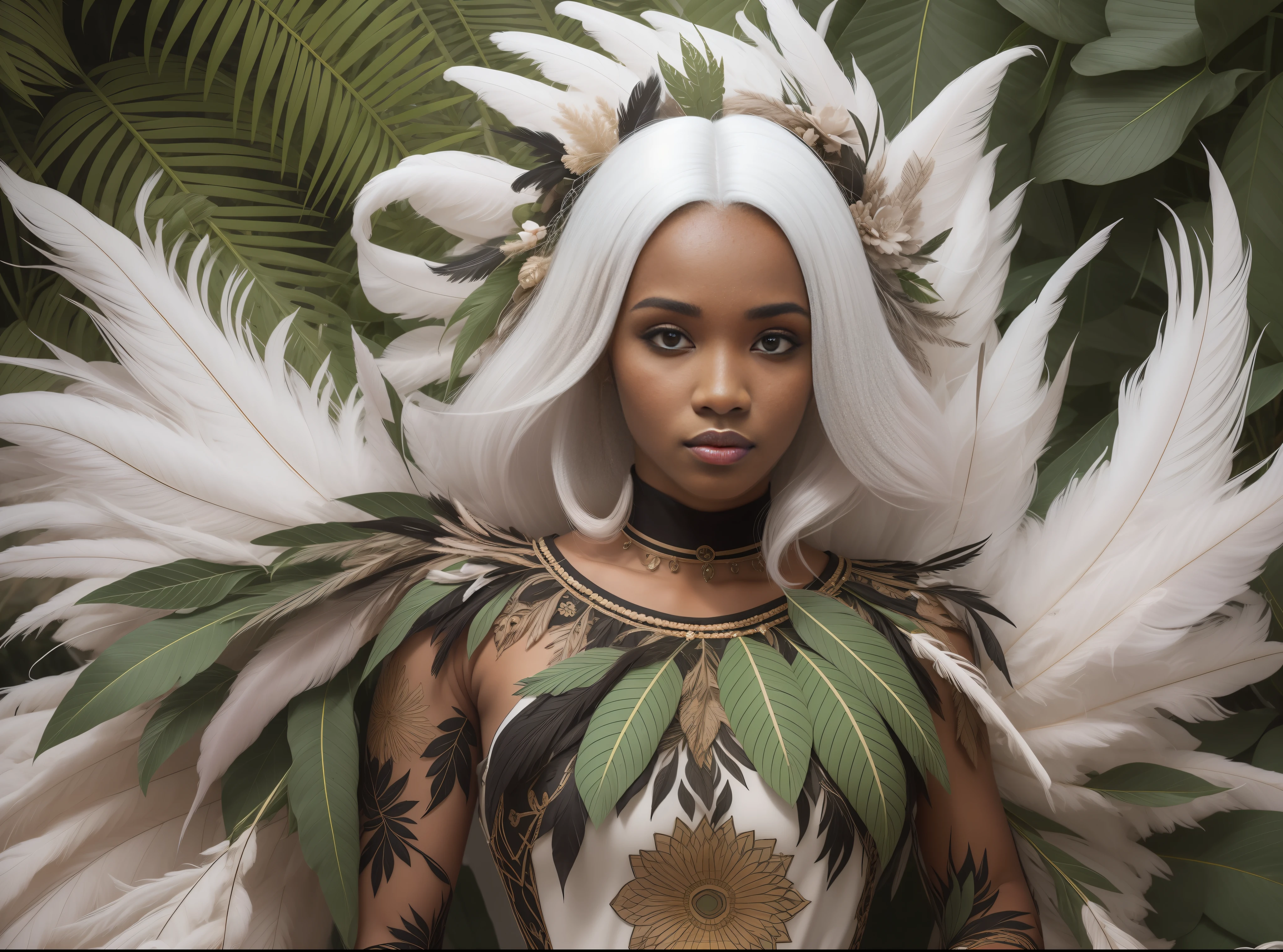 Black woman with white hair dressed in a dress designed with feathers and leaves of different plants, haciendo un movimiento circular con los brazos alzados